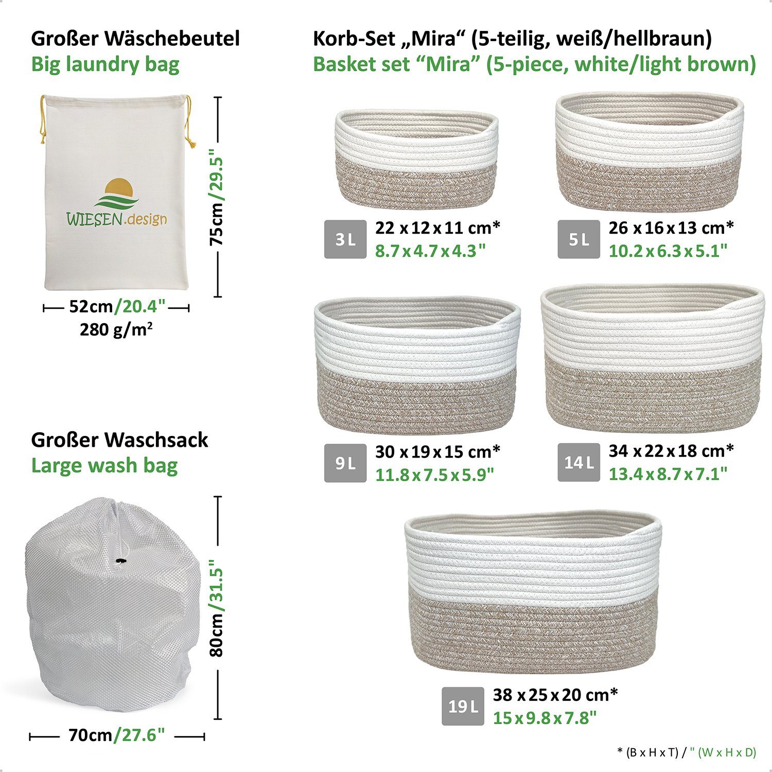 großem Mira gratis und Baumwolle, Großes- 100% Waschsack WIESEN.design (5-teilig) Versand Wäschesack, Aufbewahrungskorb Set Hellbraun/Weiß, schwerem inkl. Set,