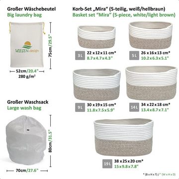 WIESEN.design Aufbewahrungskorb Set Mira (5-teilig) Hellbraun/Weiß, Großes-Set, 100% Baumwolle, inkl. großem Waschsack und schwerem Wäschesack, gratis Versand