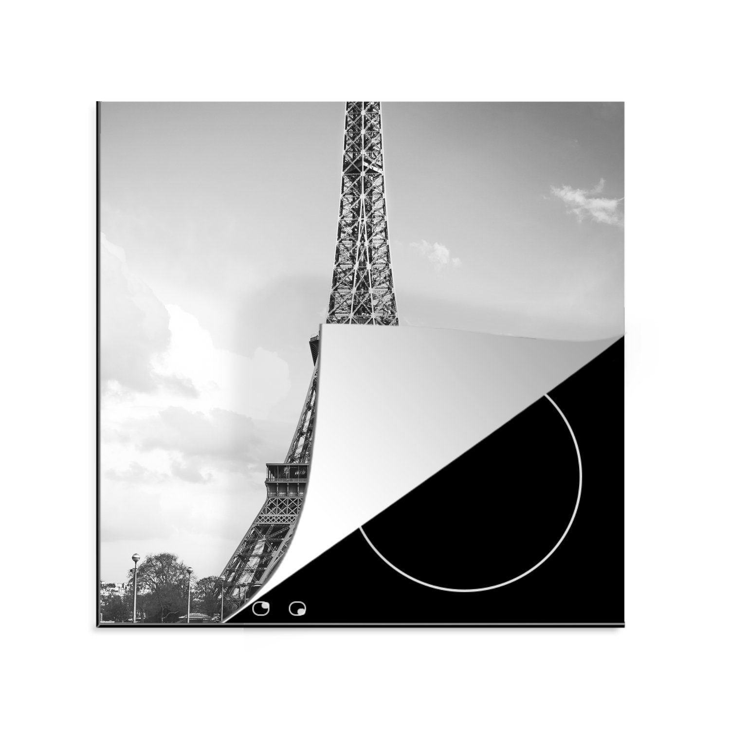 MuchoWow Herdblende-/Abdeckplatte Der Eiffelturm zwischen den Wolken, Vinyl, (1 tlg), 78x78 cm, Ceranfeldabdeckung, Arbeitsplatte für küche