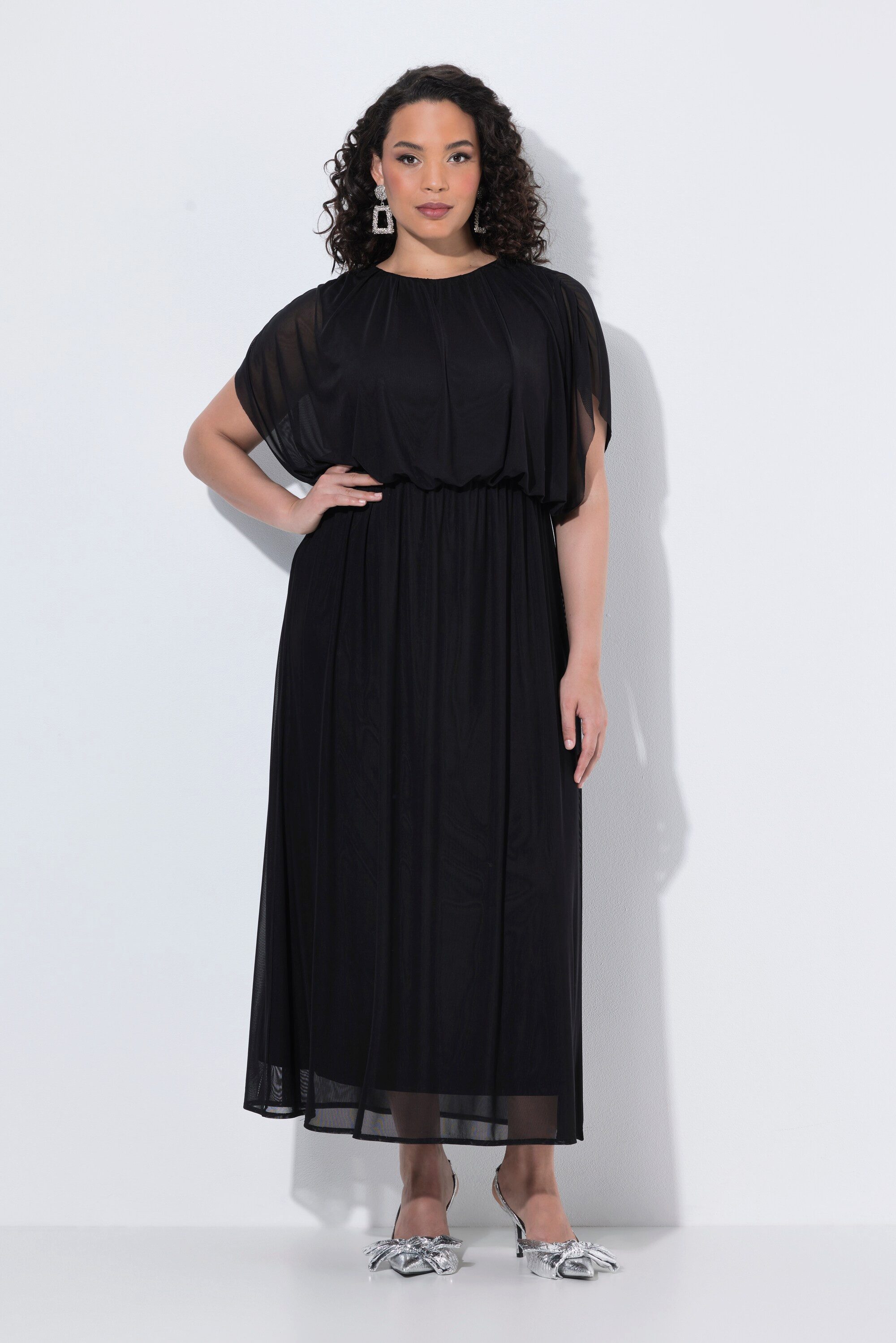 Ulla Popken Abendkleid Maxikleid Ballon-Oberteil Rundhals ärmellos
