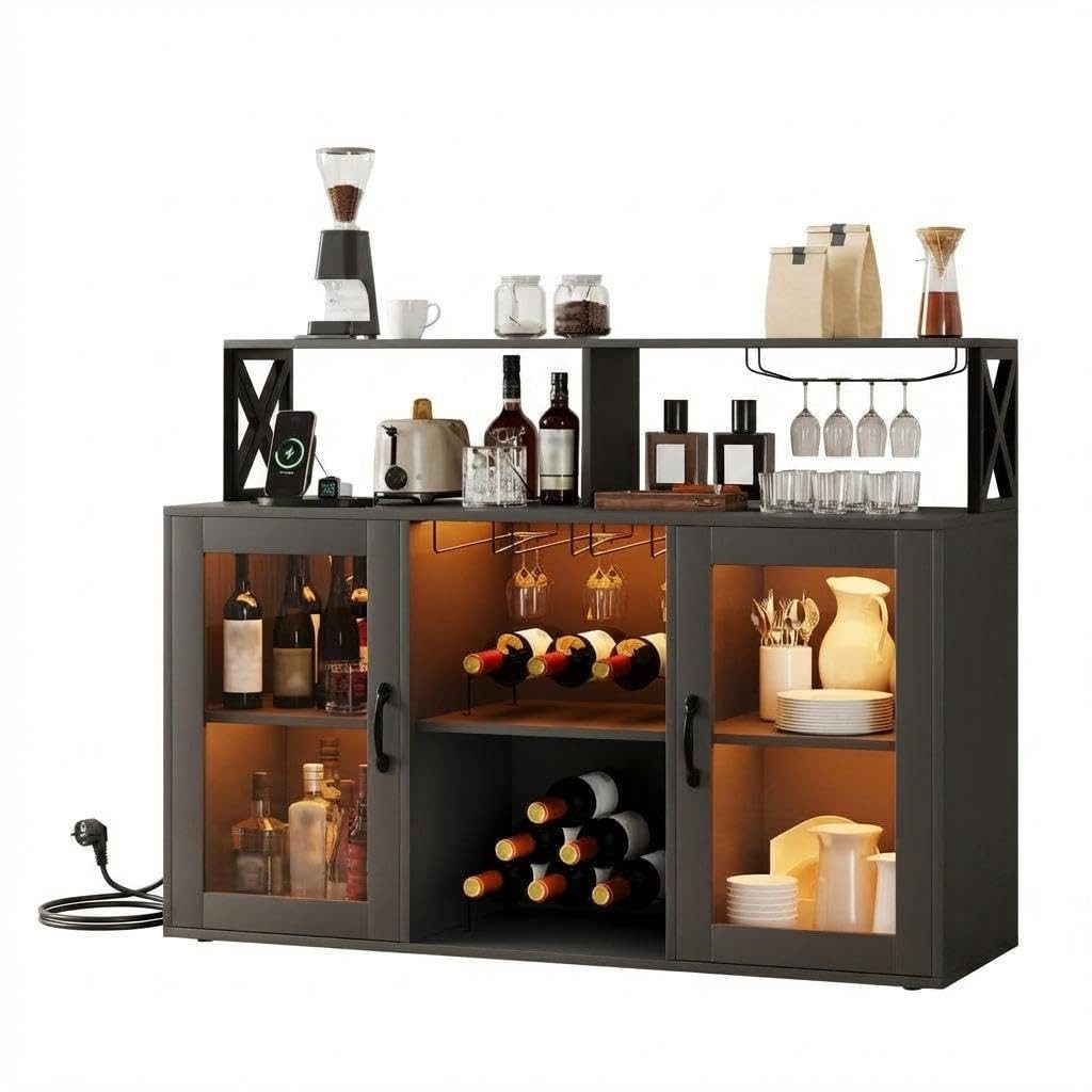 GarveeMore Weinschrank Weinbarschrank Mit Led Beleuchtung Und Steckdosen Mit Tür