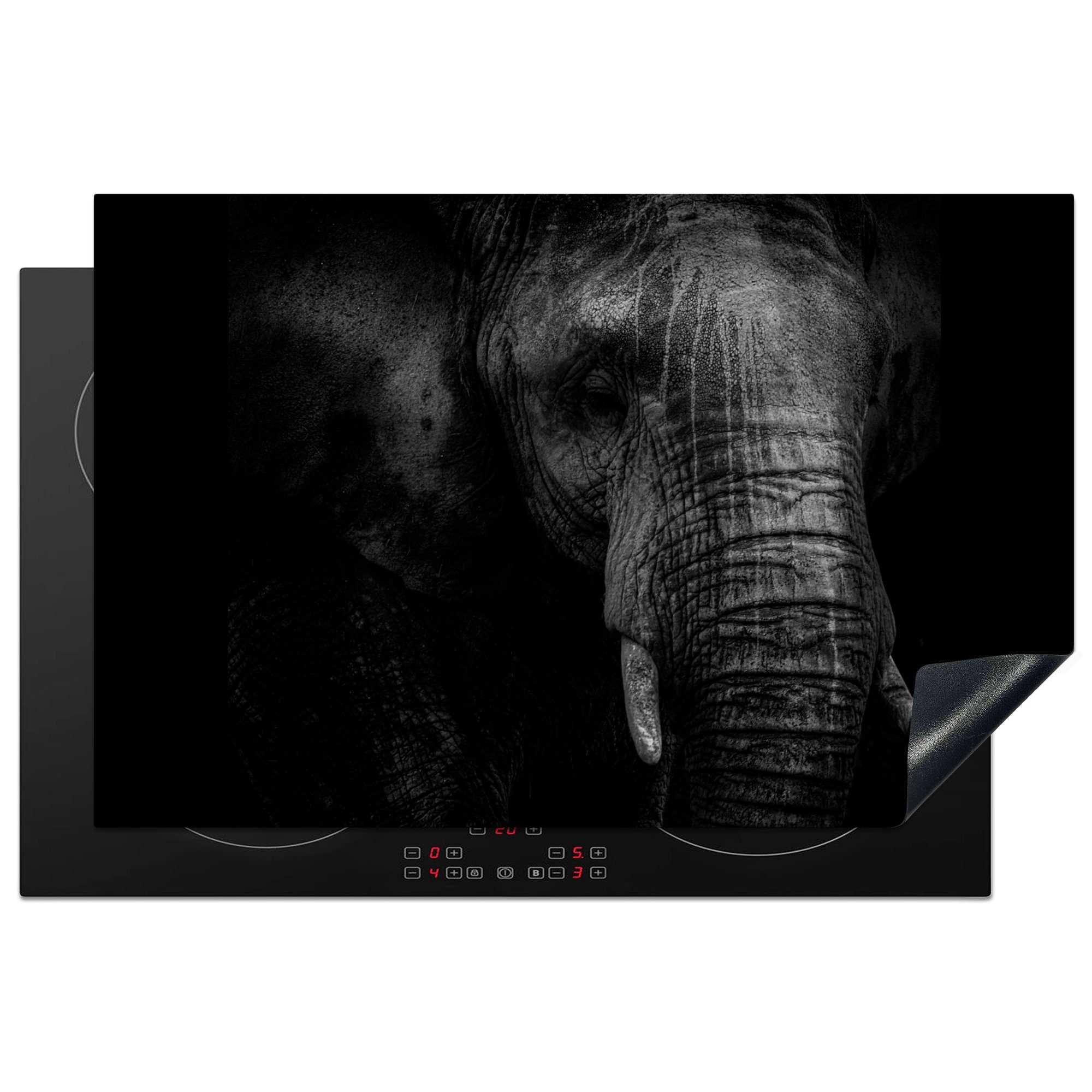 MuchoWow Herdblende-/Abdeckplatte Porträt eines Elefanten in Schwarz und Weiß vor dunklem Hintergrund, Vinyl, (1 tlg), 81x52 cm, Induktionskochfeld Schutz für die küche, Ceranfeldabdeckung