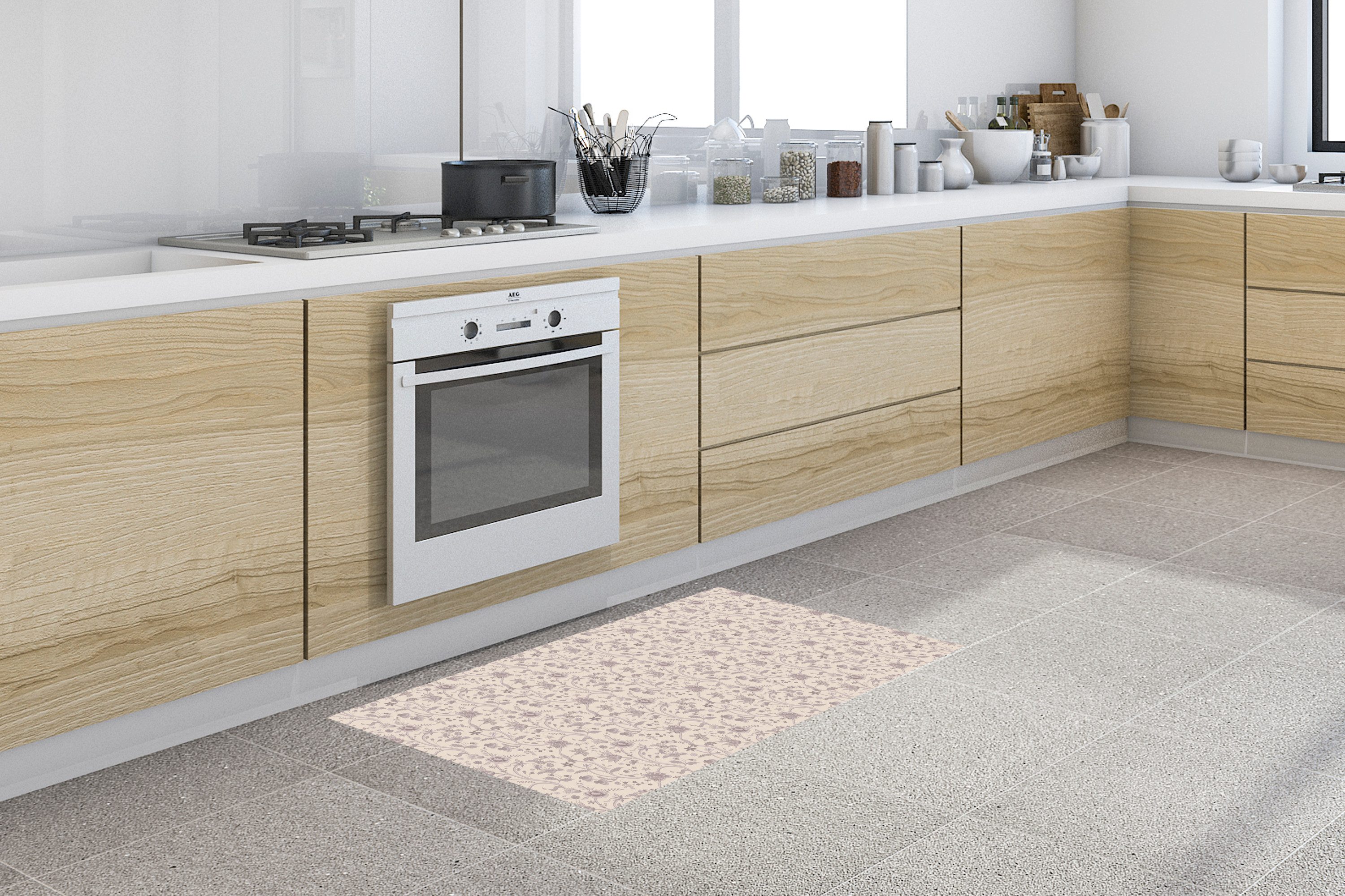 MuchoWow Küchenläufer Muster - Blumen - Lila, aus Kunststoff, Küchenteppich, Läufer für Küche, Rutschfest, Küchendeko, 120x50 cm