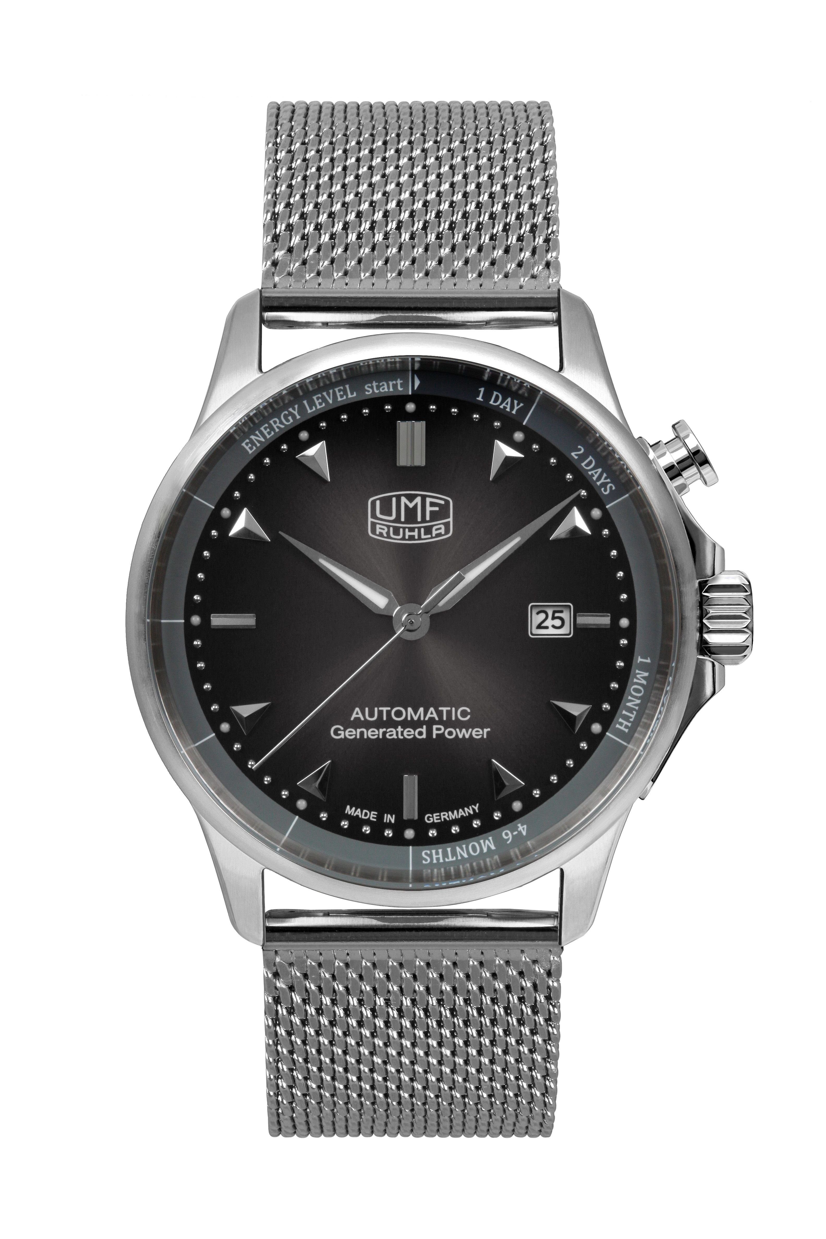 silber Autokinetic Milanaiseband, schwarz, - in Herrenuhr Made UMF 1062M-2, Germany Ruhla Ziffernblatt Kineticuhr mit