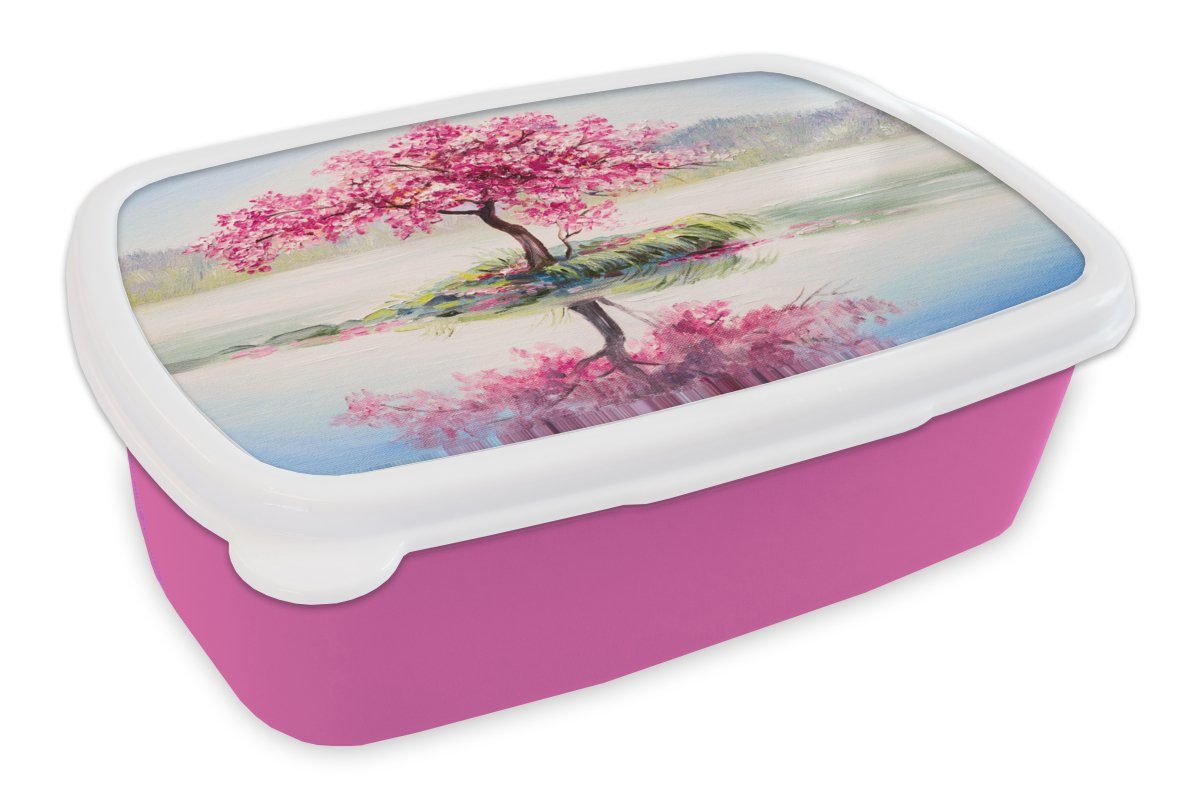 MuchoWow Lunchbox Gemälde - Blüte - Wasser - Ölgemälde, Kunststoff, (2-tlg), Brotbox für Erwachsene, Brotdose Kinder, Snackbox, Mädchen, Kunststoff rosa