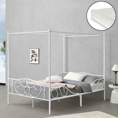 en.casa Himmelbett, »Finström« Doppelbett aus Stahl 140x200 cm mit Matratze Weiß