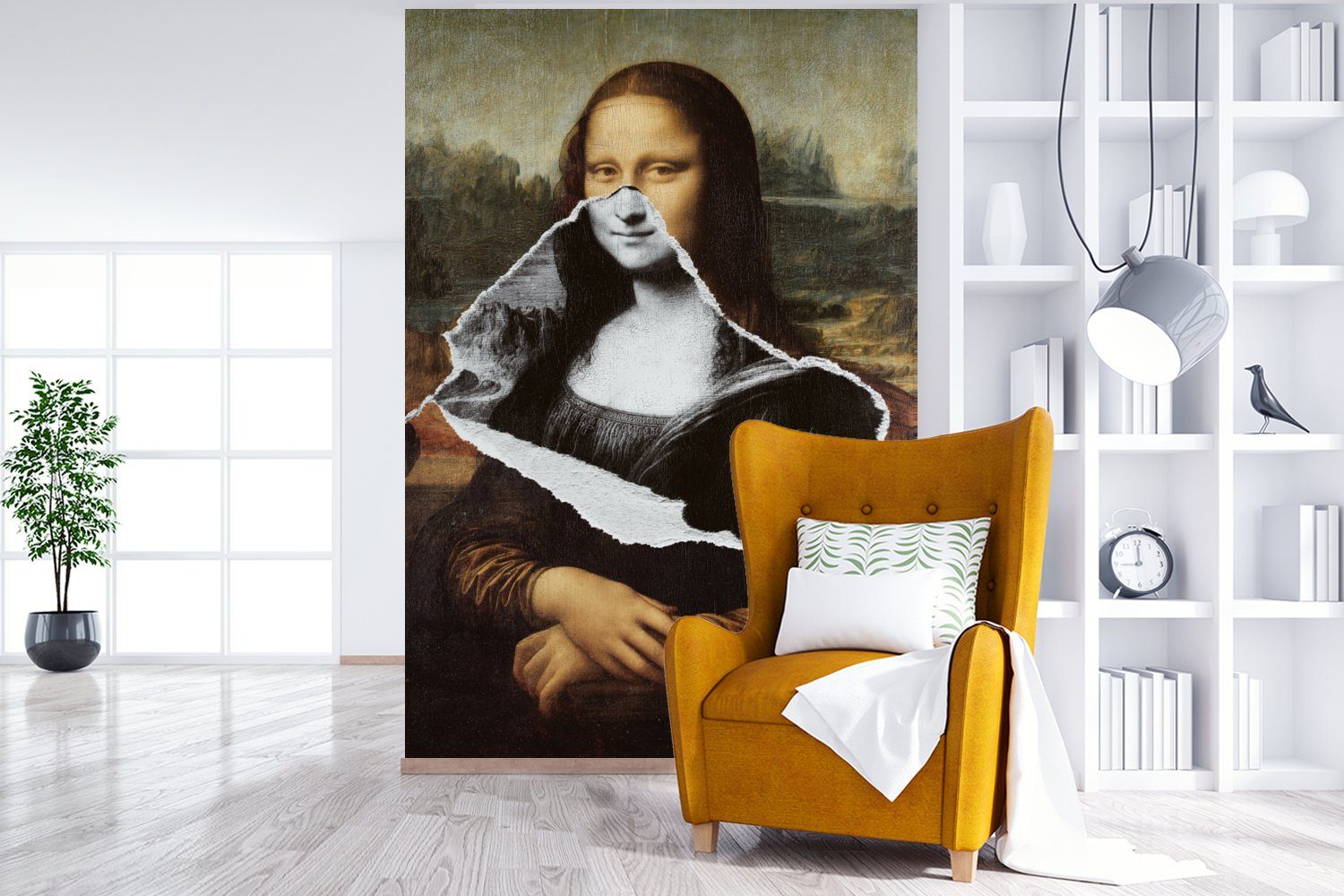 MuchoWow Fototapete Mona für Montagefertig Wandtapete Wohnzimmer, bedruckt, und Vinci, Schwarz (3 Lisa Matt, Da Tapete Vinyl St), - weiß 