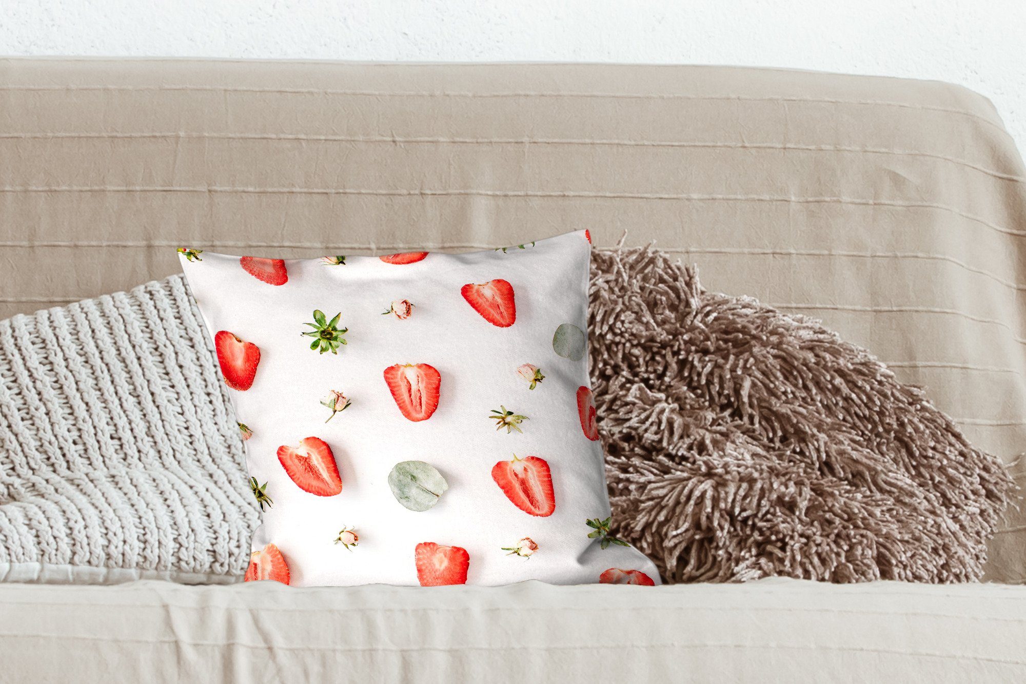 Wohzimmer, - MuchoWow Schlafzimmer, mit Sofakissen Füllung Deko, Eiswürfel, Sommer - Dekokissen für Erdbeeren Zierkissen