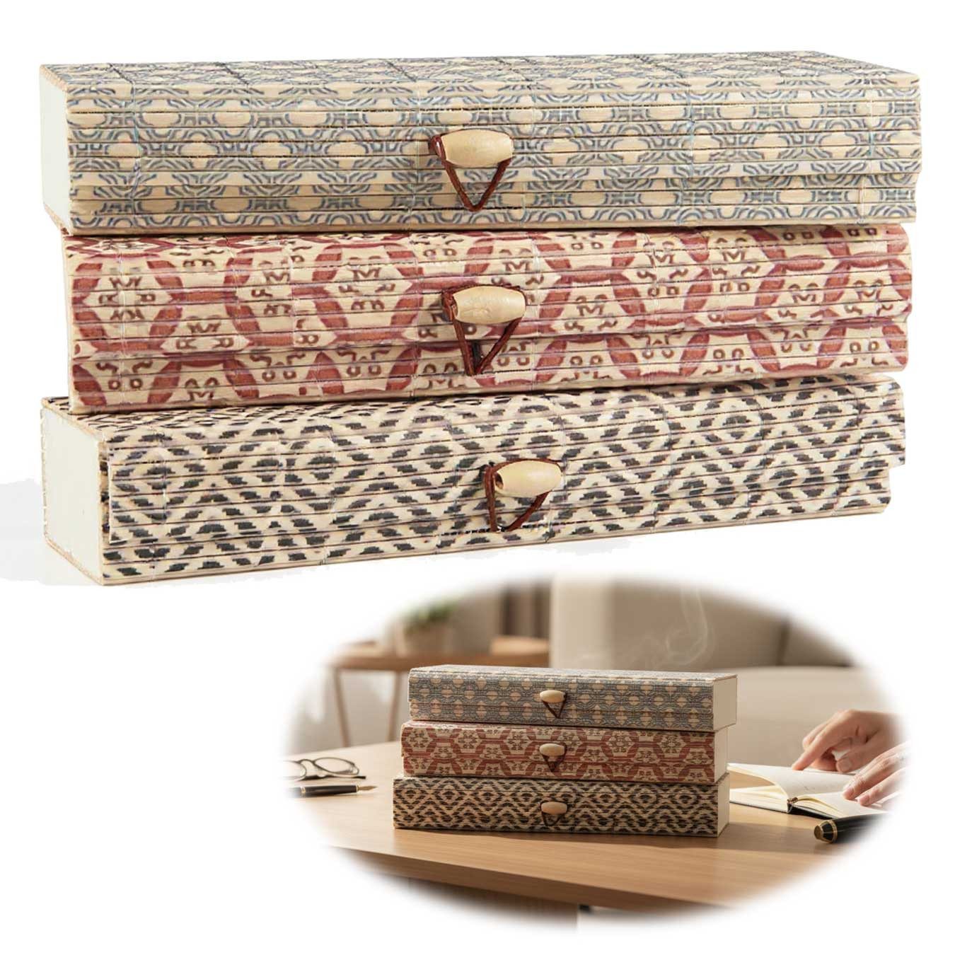 LS-LebenStil Aufbewahrungsbox Vintage Holz Schachtel 3´er Set Bambus mit Deckel Geschenkbox Box (Ikat länglich Geschenkbox schmale Schmuckschachtel, Schmuckschatulle, 3 St., Schmuckkästchen, Stiftebox, Federtasche Kästchen Kiste), Rechteckig