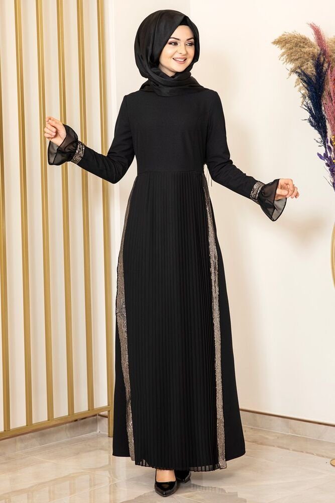 Modavitrini Maxikleid Damen Hijab Abendkleid Lila mit Pailletten Modest Fashion Abiye Abaya Faltendetail Rock Schwarz