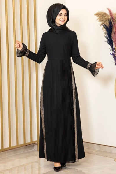 Modavitrini Maxikleid Damen Hijab Abendkleid Lila mit Pailletten Modest Fashion Abiye Abaya Faltendetail Rock