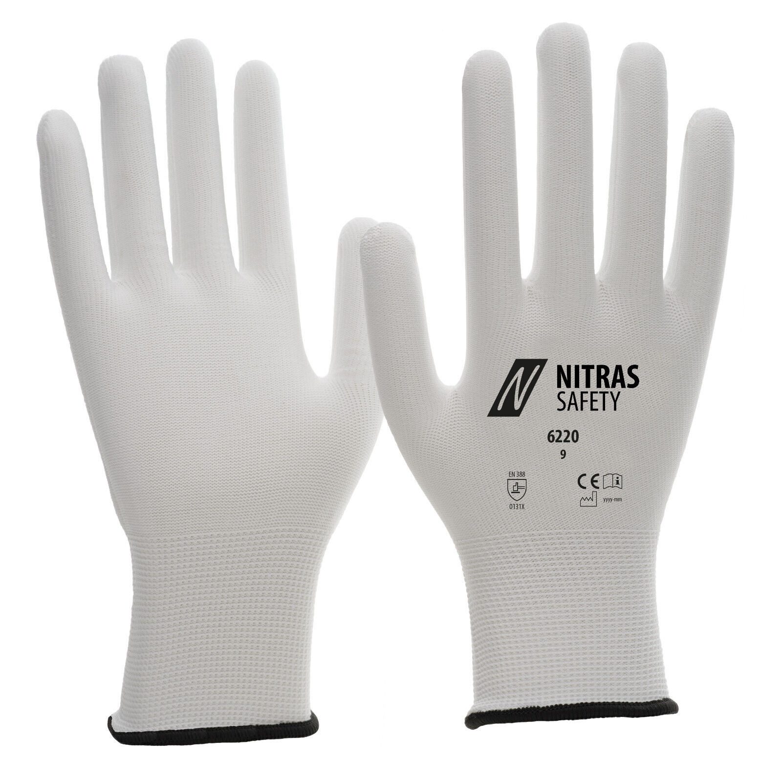 Nitras Strickhandschuhe 6220 Nylonhandschuh Strickbund Fein weiß unbeschichtet (Packung, VPE=12 Paar, Gr 6-10) Atmungsaktiv/unbeschichtet