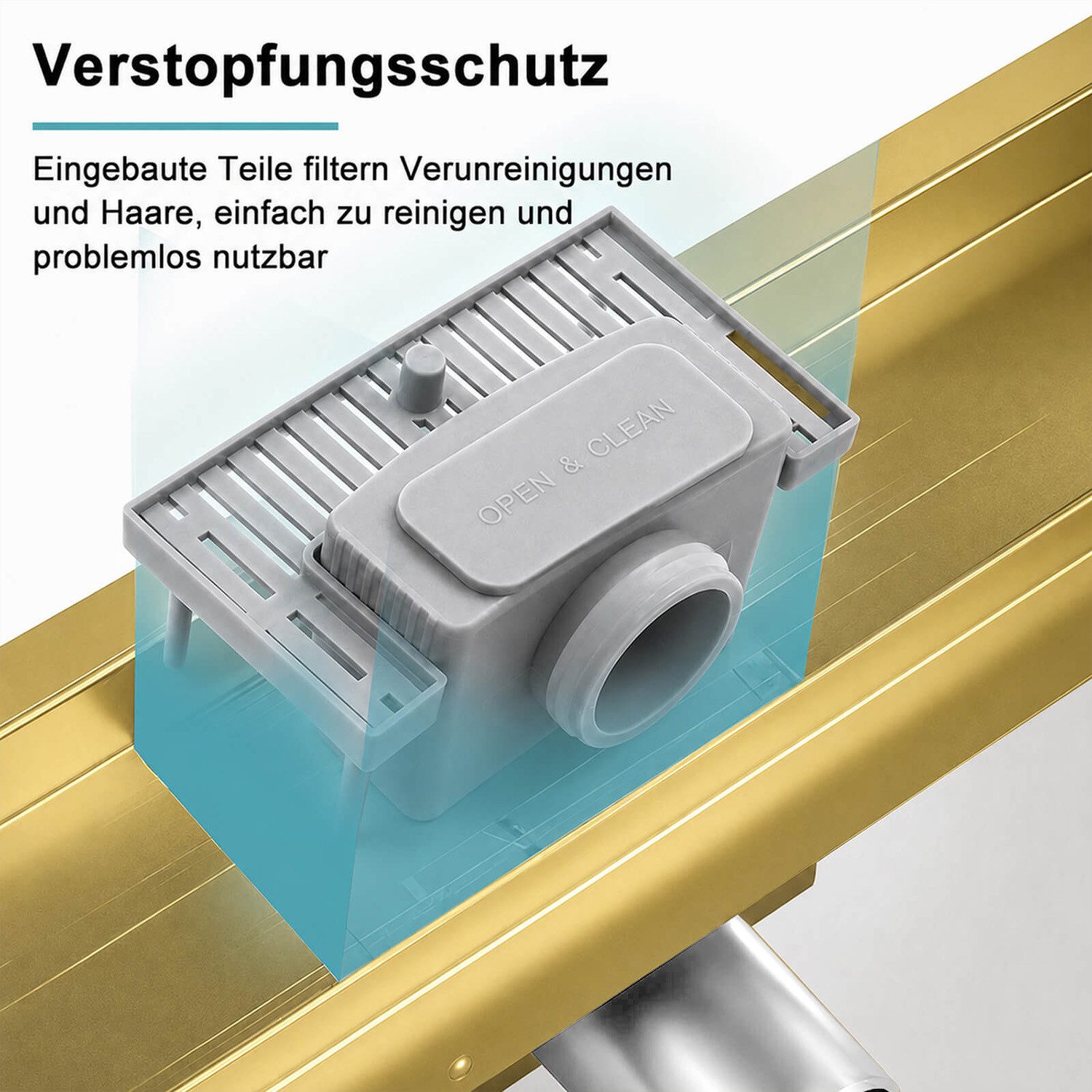 SaniteModar Duschrinne Gold, mit 360° Siphon, Haarsieb und 2-in-1 Wendedesign, 1-St., befliesbar, extra flacher Edelstahl-Bodenablauf 60cm
