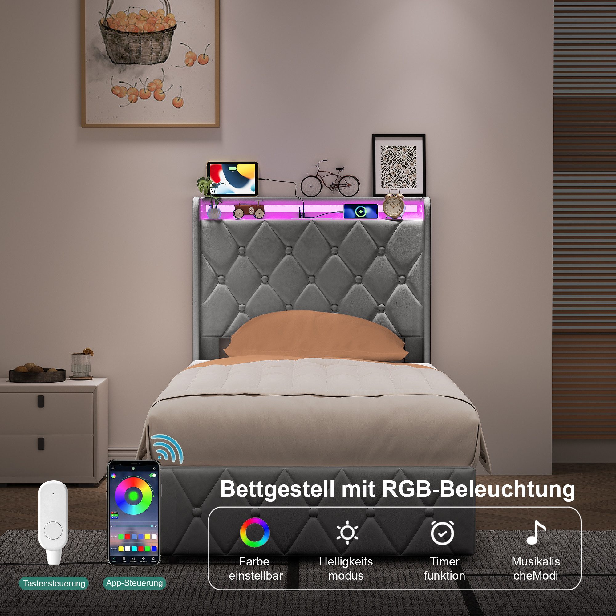 Yelenaro Stauraumbett Polsterbett Doppelbett Mit USB+Typ C und LED-Leuchten (Packung, 1-tlg., Jugendbett), 90x200 cm,Mit Bettkasten,Kopfteil und Bettgestell,Sam – Bild 3 von 5