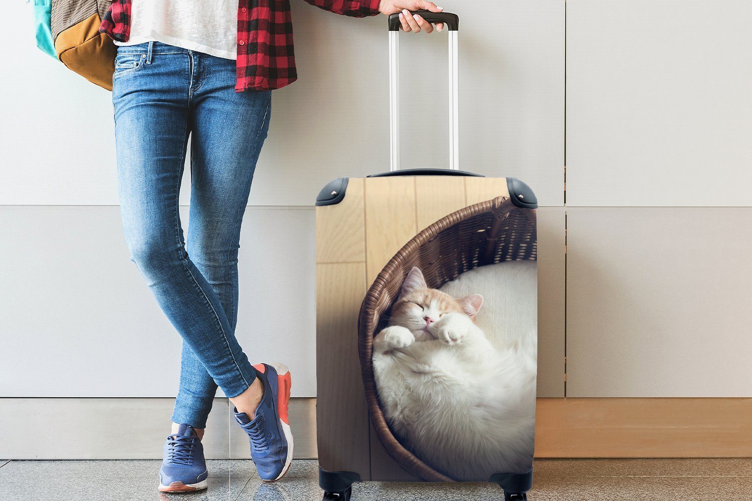 MuchoWow Handgepäckkoffer Weiße Katze schläft Reisekoffer Weidenkorb, Rollen, rollen, Trolley, einem in Ferien, Reisetasche Handgepäck 4 für mit
