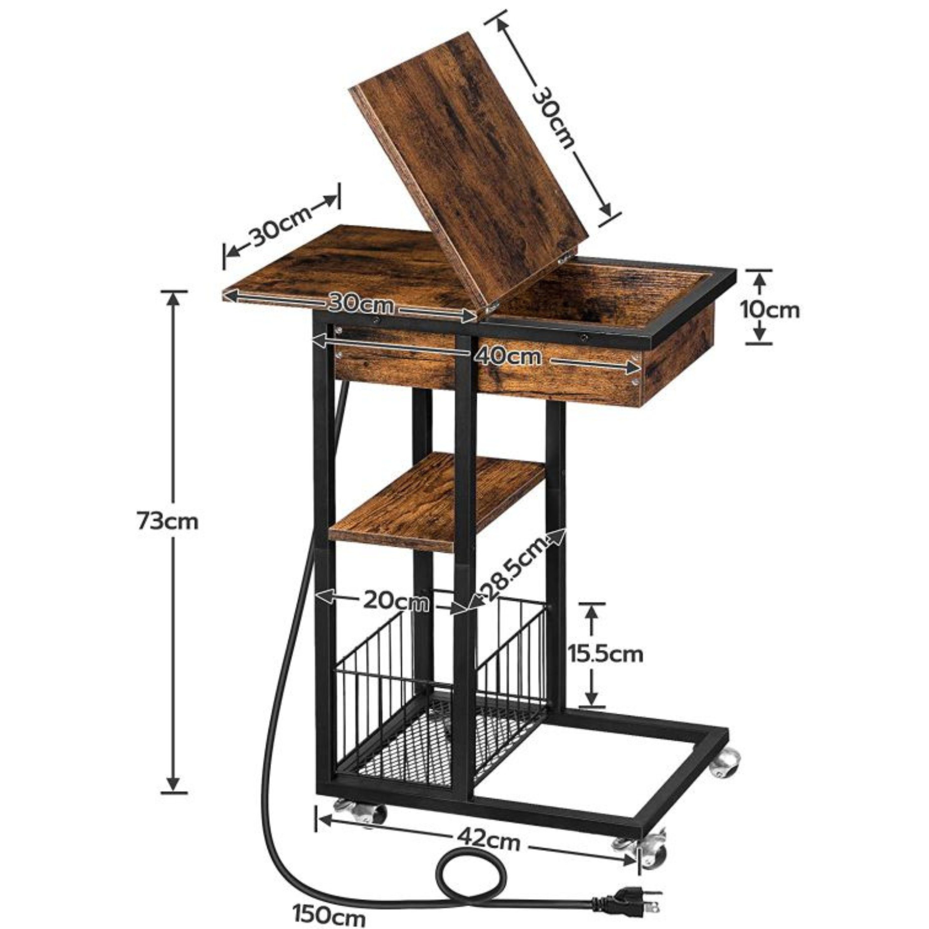 DHHOZAMZ Beistelltisch Mit Rollen - Höhenverstellbar Mit Steckdose Vintage Braun