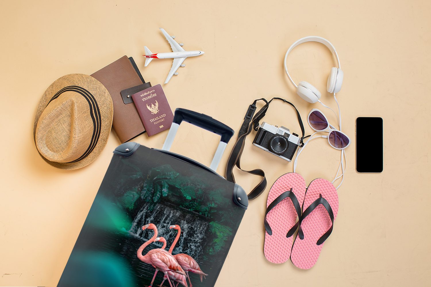 Reisekoffer rollen, Flamingo - für Sommer, Ferien, mit Rollen, Singapur Handgepäckkoffer Reisetasche MuchoWow Trolley, Park Handgepäck - 4 -