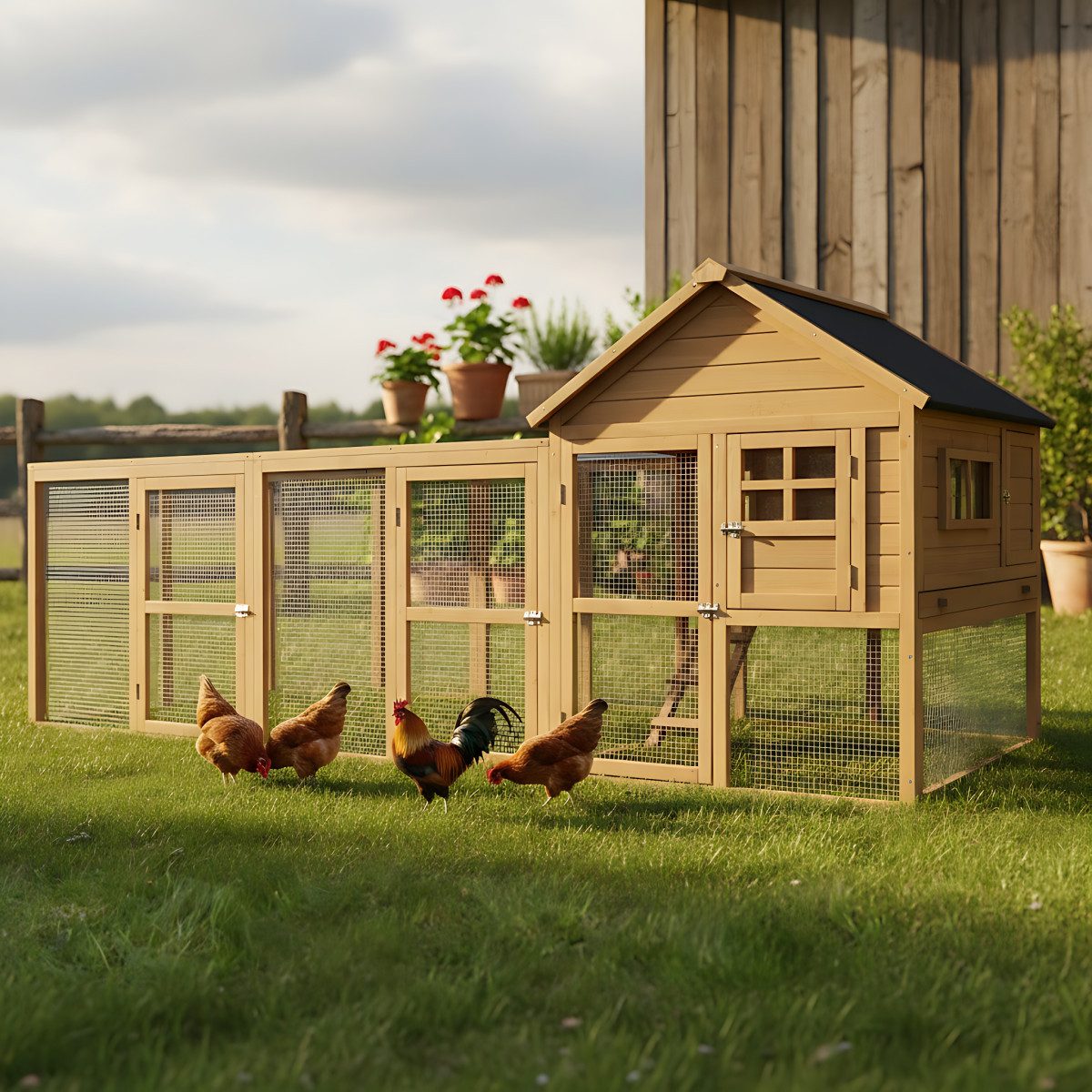 Zooprinz Hühnerstall Hühnerhaus Hühnervoliere Happy Huhn XXL mit Freilauf Wetterfest, Winterfest, Nistkasten, Kotschublade, Sitzstangen, Hühnerleiter