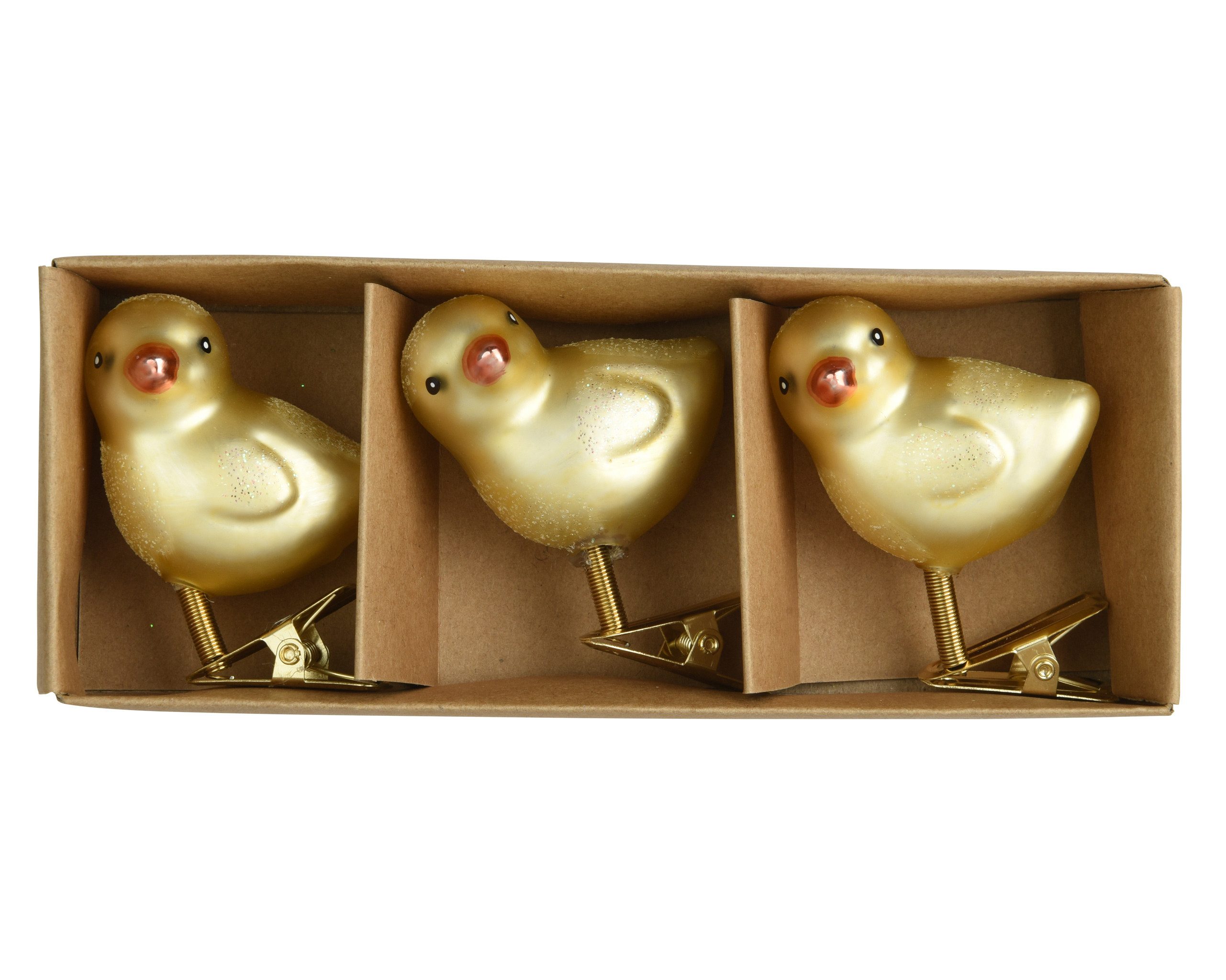 Decoris season decorations Osterfigur, Deko Küken mit Clip 5,5cm Glas 3er Set Goldgelb