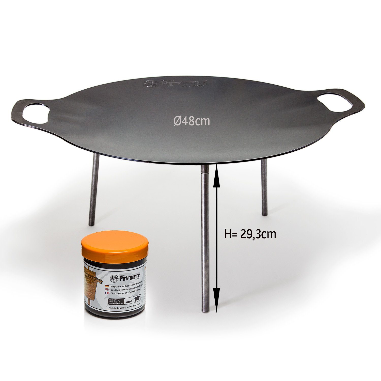 Petromax Feuerschale Plancha-Platte Grillschale Feuerschale Grillplatte Ø48 cm, (Spar-Set, 2-St., inkl. Pflegepaste), Hergestellt in Deutschland