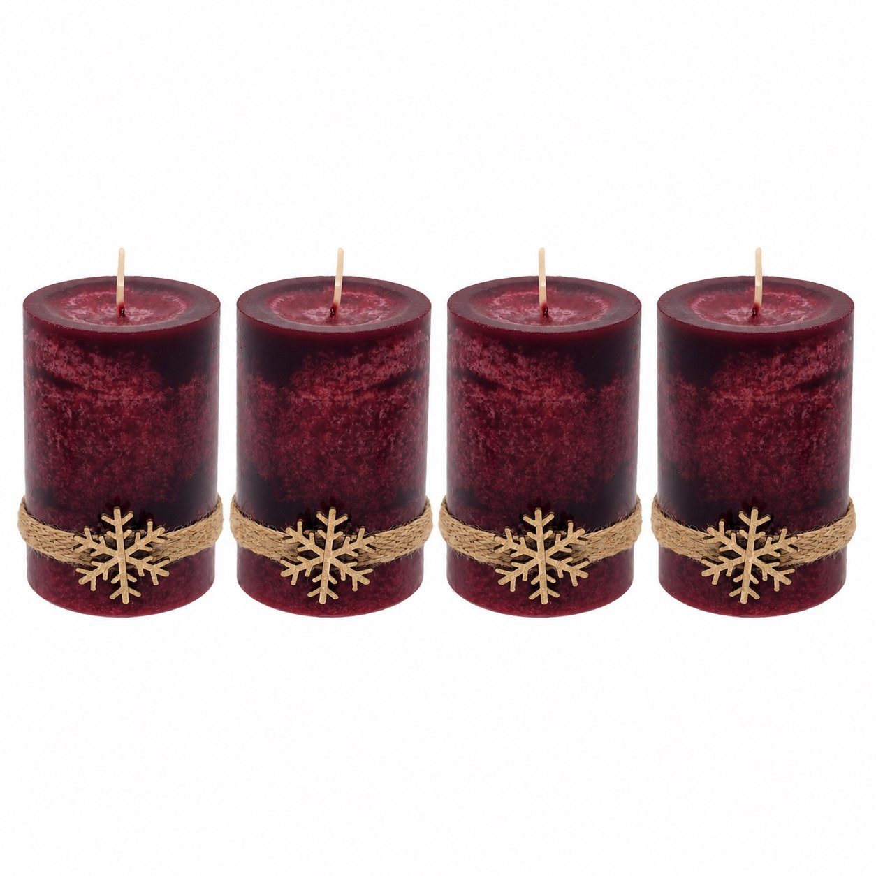 ZauberDeko Adventskerze 4 Adventskerzen Kerzen Stumpenkerzen Bordeaux Rot Schneeflocke Advent