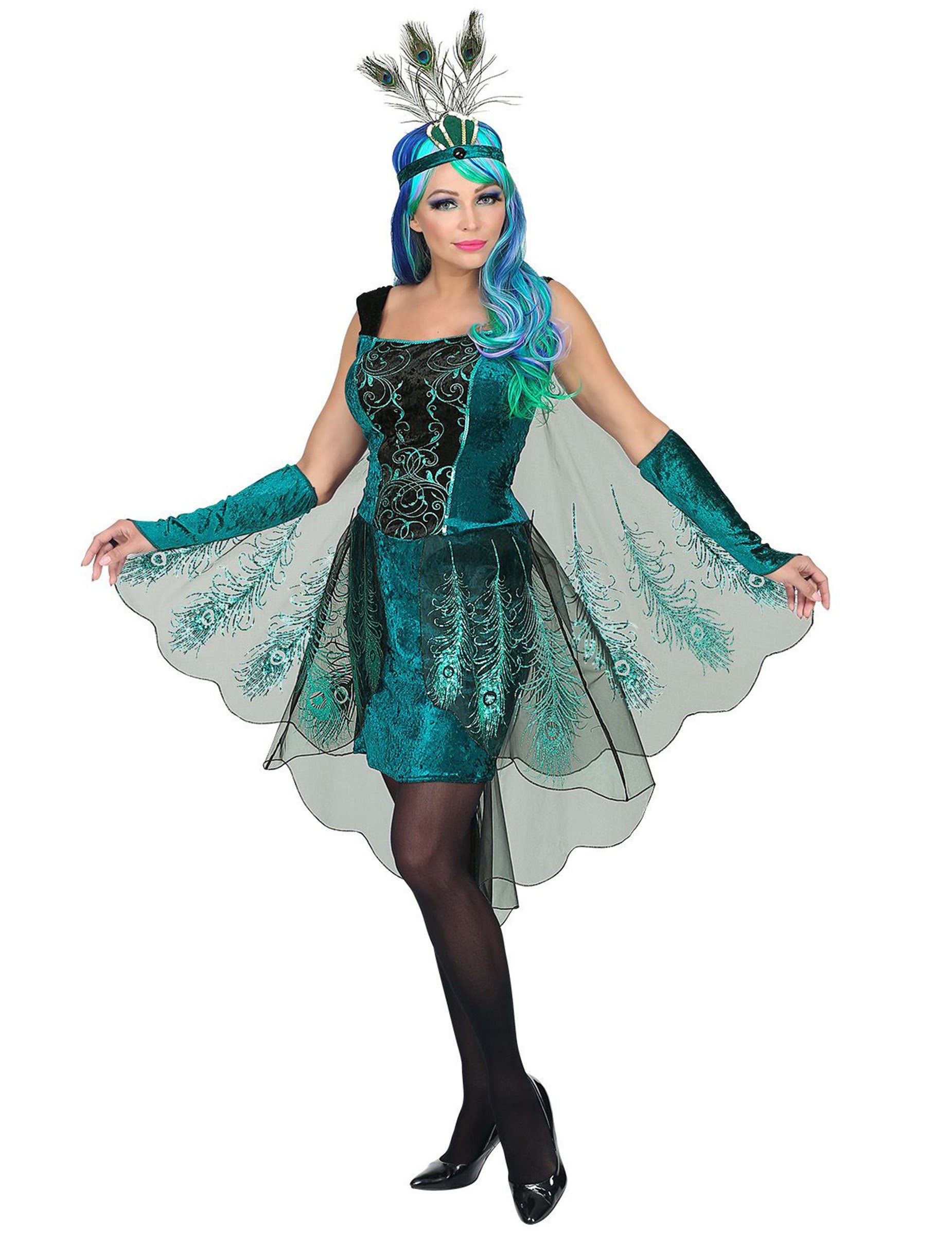 Widmann S.r.l. Kostüm Majestätisches Pfau-Kostüm für Damen Karnevalskostüm türkis-schwarz