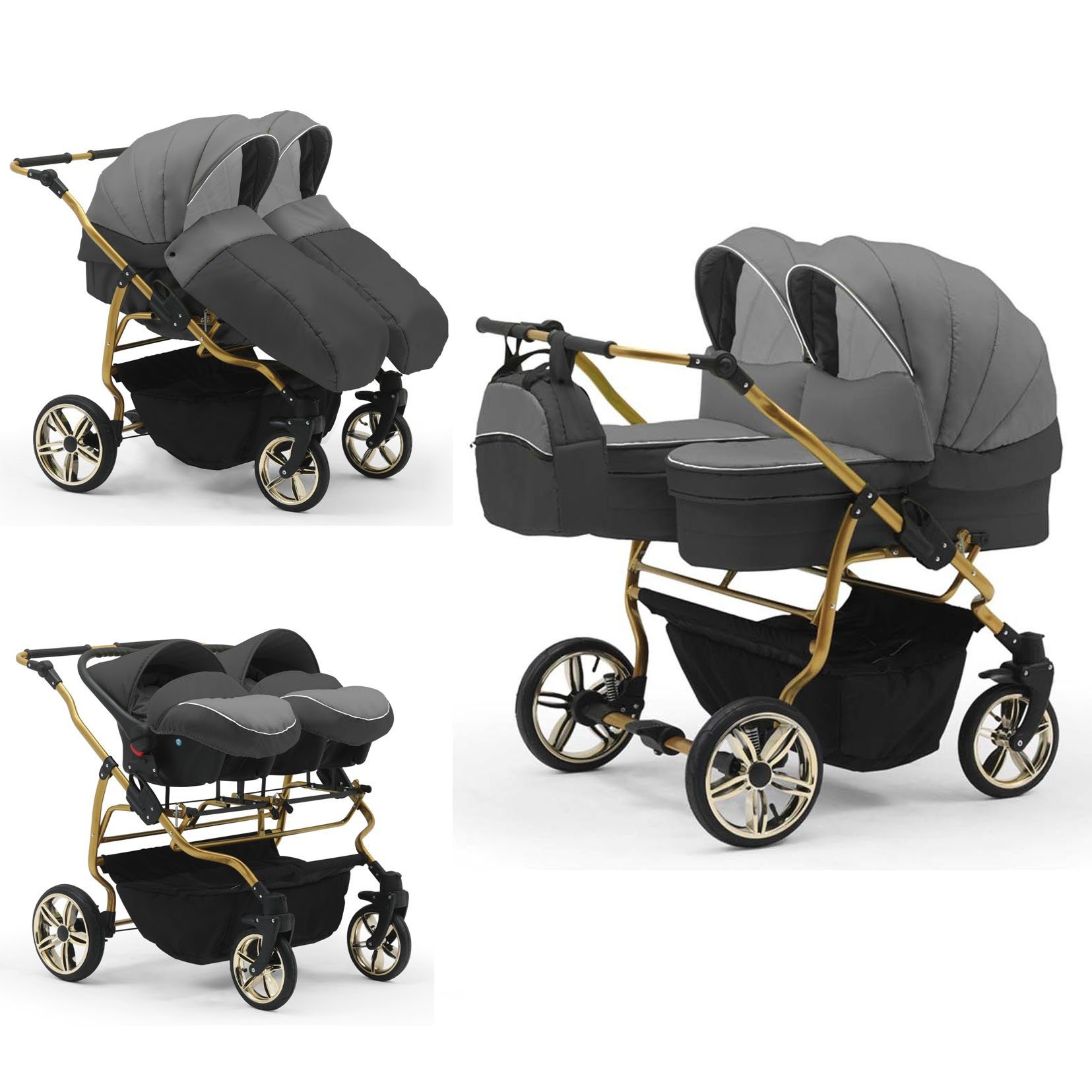 babies-on-wheels Zwillingswagen Duet Lux Gold 3 in 1 inkl. Autositze - 13 Teile - in 33 Farben Grau-Anthrazit