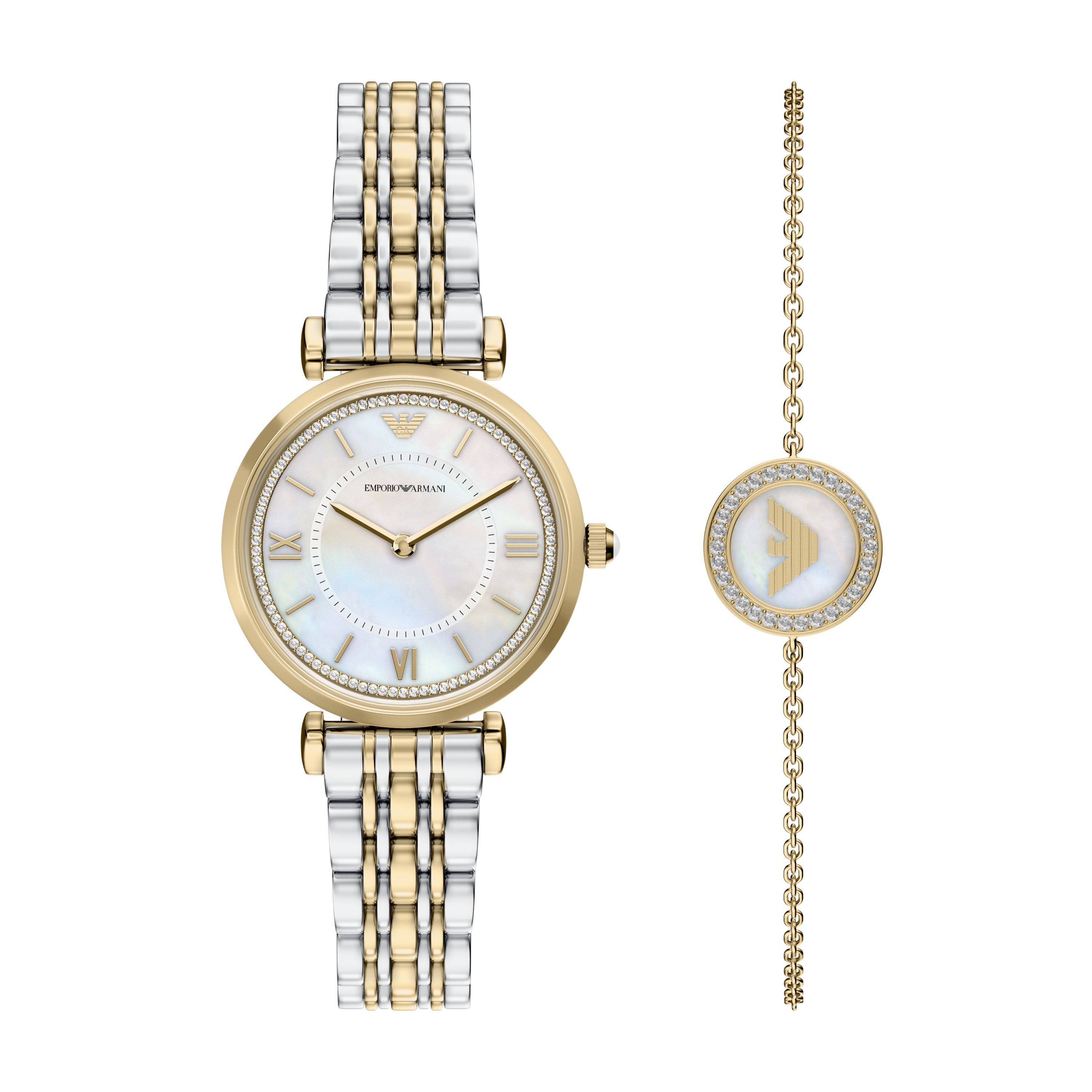 Emporio Armani Quarzuhr AR80086SET, (Set, 2-tlg., mit Armband), Armbanduhr, Damenuhr, Edelstahlarmband, Ideal auch als Geschenk
