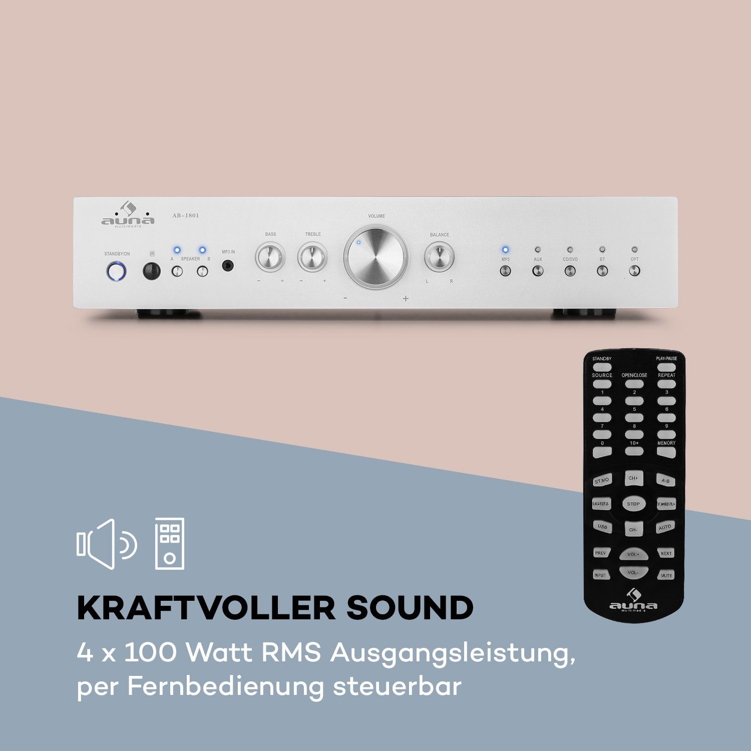 Auna Kanäle: 4-Kanal, 400 Audioverstärker AV2-CD608BT W) (Anzahl Silber