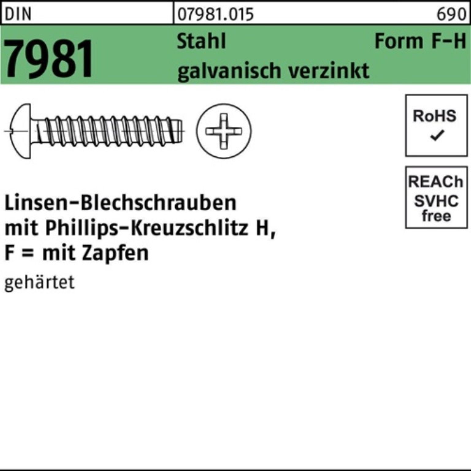 Reyher Blechschraube 1000er Pack Blechschraube DIN 7981 LIKO PZ F 3,9x22-H Stahl galv.verz.