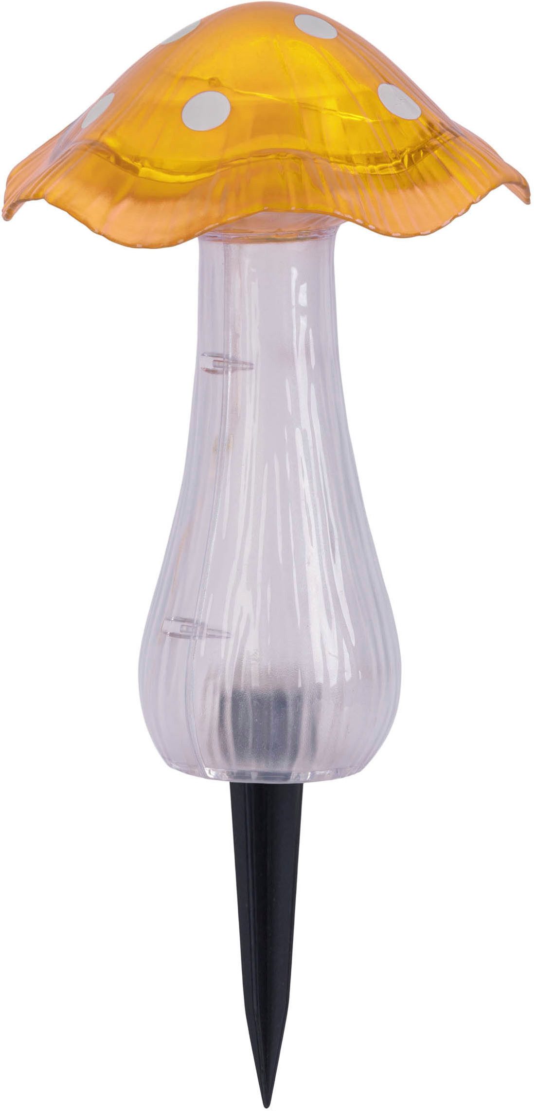 näve LED Solarleuchte Mantar, Tageslichtsensor, LED fest integriert, Kaltweiß, 2er Set Dekoerdspieß Pilze rot und gelb, Dämmerungssensor, kaltweiß