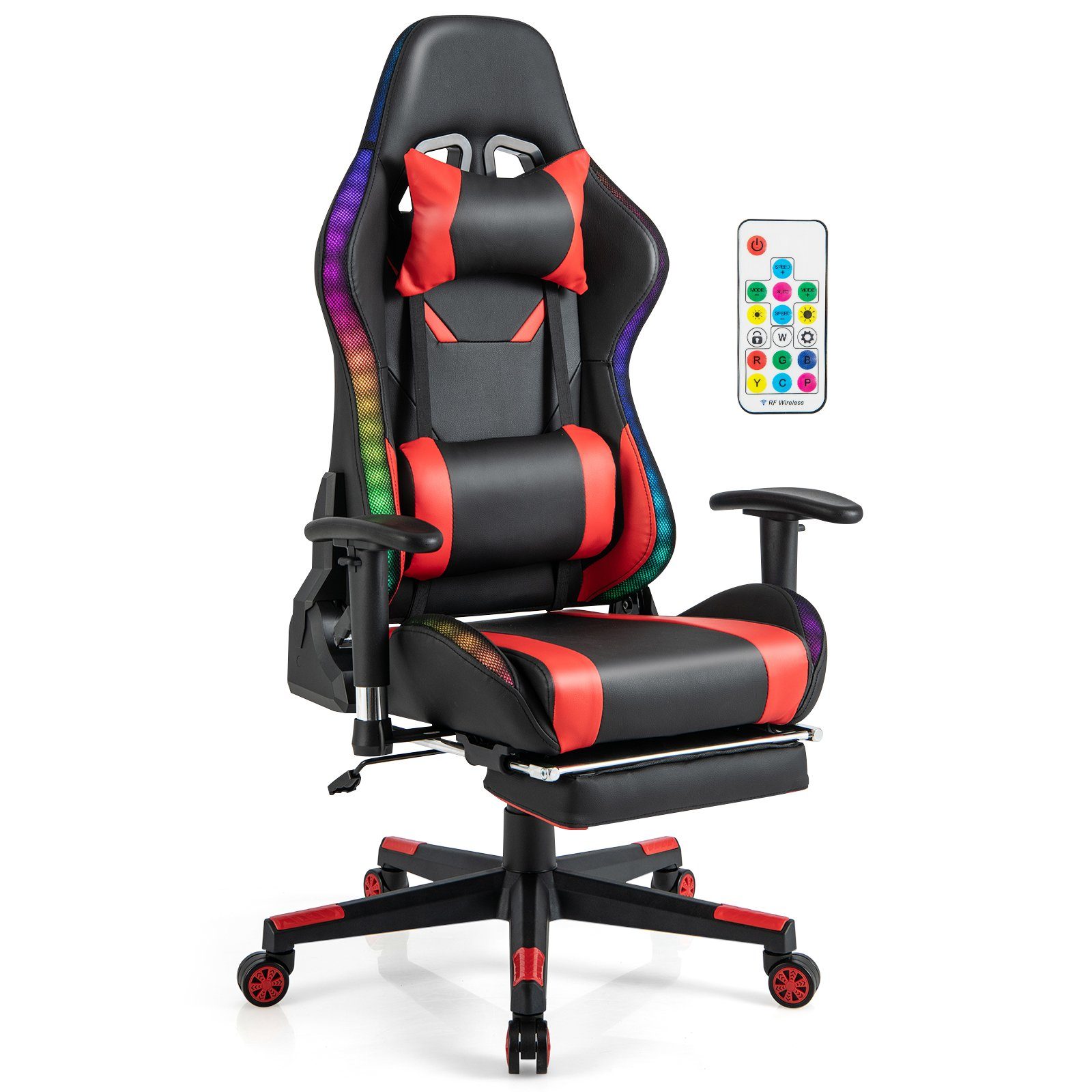 COSTWAY Gaming-Stuhl, mit Fußstütze, RGB-LEDs, verstellbarer Rücklehne, 160kg Rot | Stühle