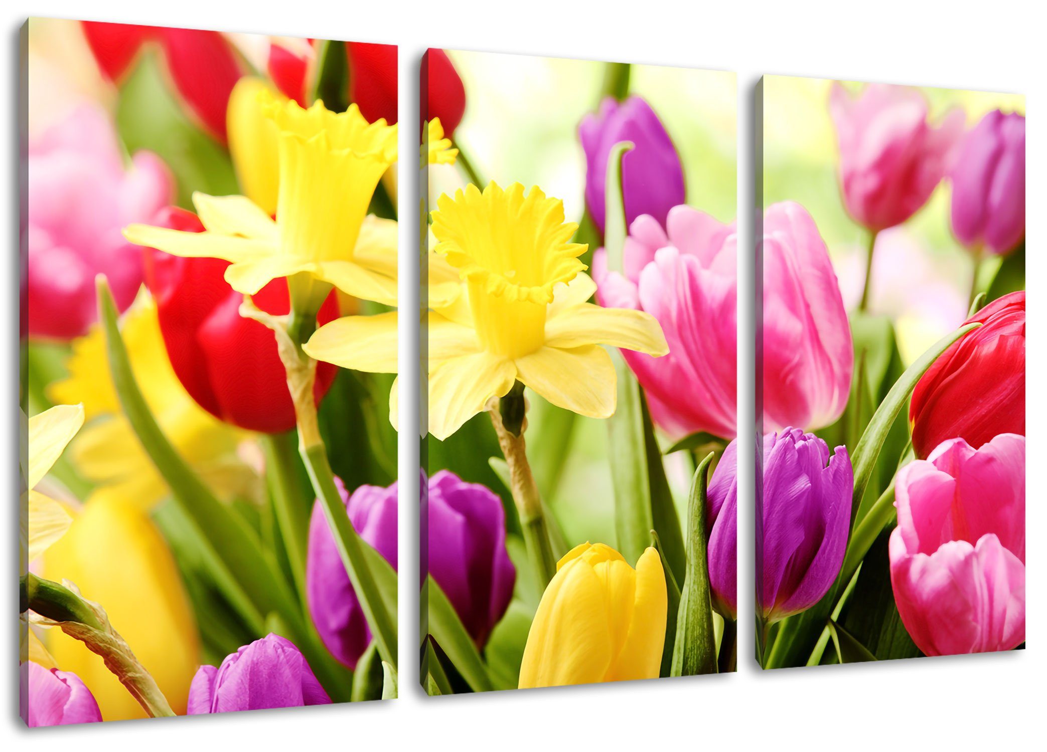 Pixxprint Leinwandbild Osterglocken und Tulpen, Osterglocken und Tulpen 3Teiler (120x80cm) (1 St), Leinwandbild fertig bespannt, inkl. Zackenaufhänger