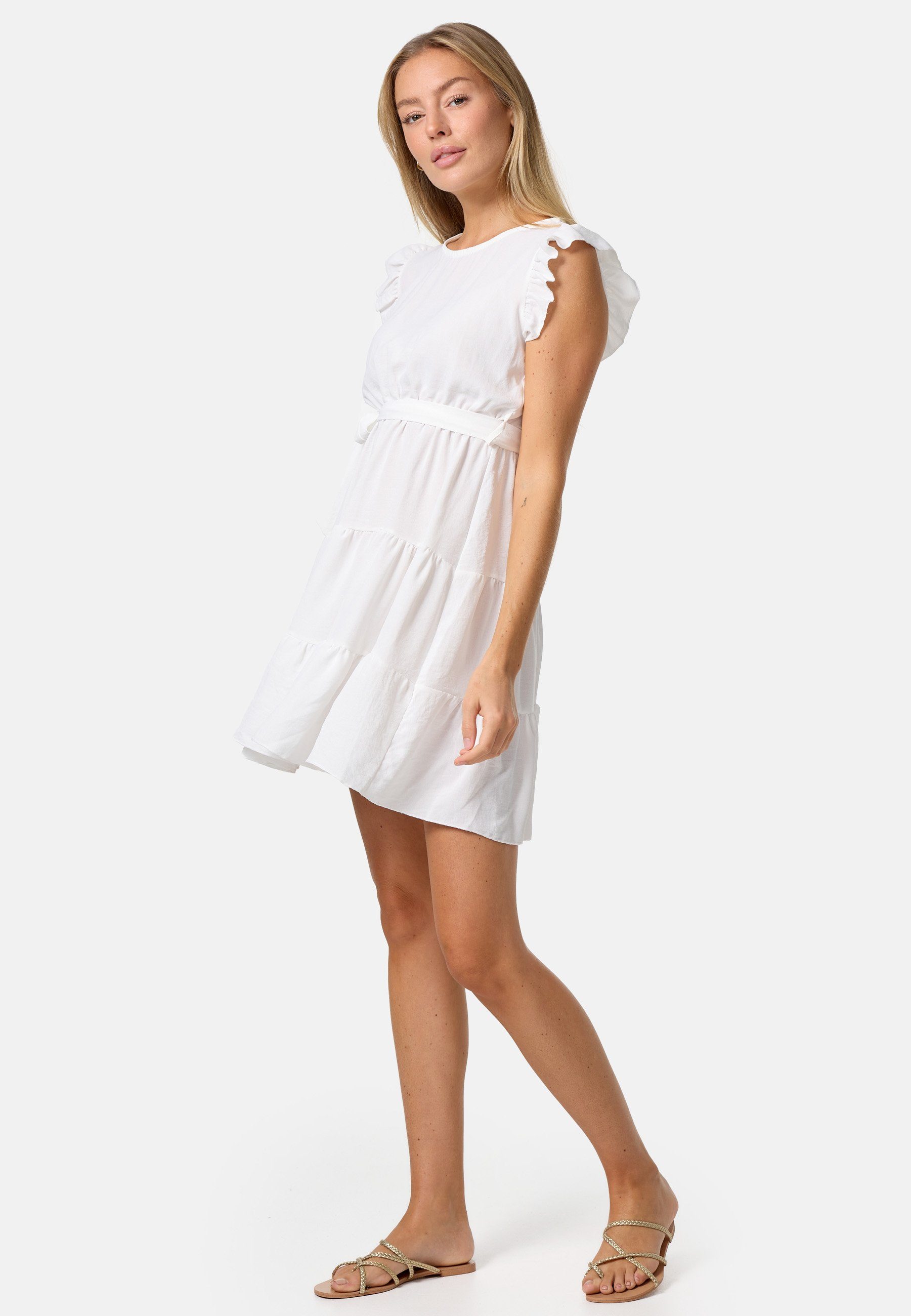 PM SELECTED Minikleid PM-27 (Sommerkleid Midi Kleid mit Rüschen in Einheitsgröße) Weiß
