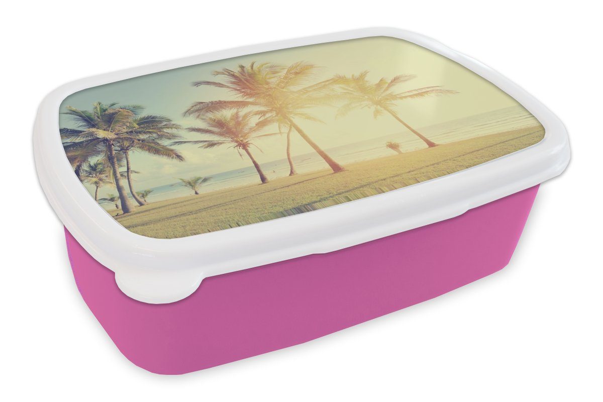 Kunststoff, - - (2-tlg), - Sonne Strand, rosa Sommer MuchoWow für Brotdose Kunststoff Brotbox Lunchbox - Palme Mädchen, Erwachsene, Meer Kinder, Snackbox,