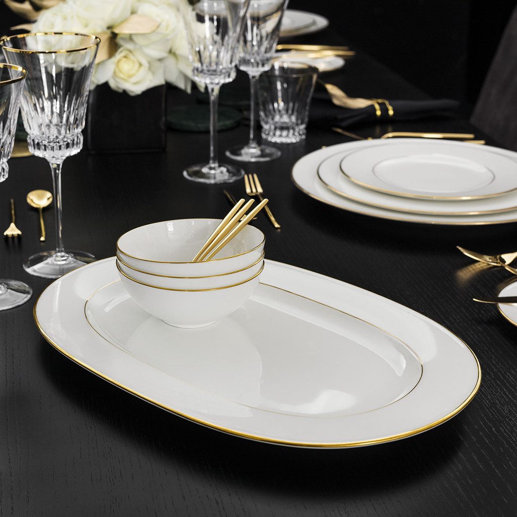 Villeroy & Boch Servierplatte Anmut Platte oval, Porzellan, (1-tlg), Premium Bone Porcelain, spülmaschinenfest, Made in Germany