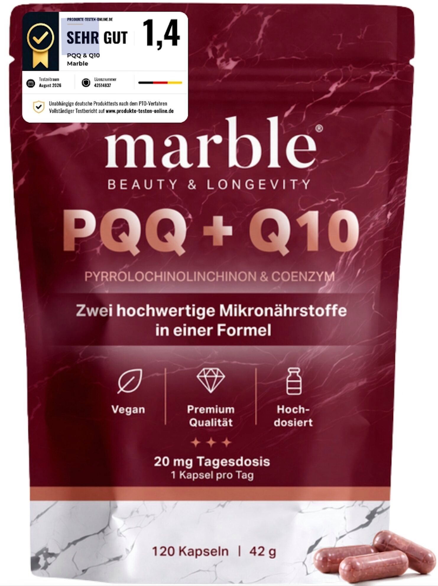 Marble marble PQQ + Q10 – 120 vegane Kapseln – 20 mg PQQ + 15 mg Q10 Kapseln, 120 er 42 g, Vegan; mit MGCPQQ® Markenrohstoff; 20 mg PQQ und 15 mg Coenzym Q10