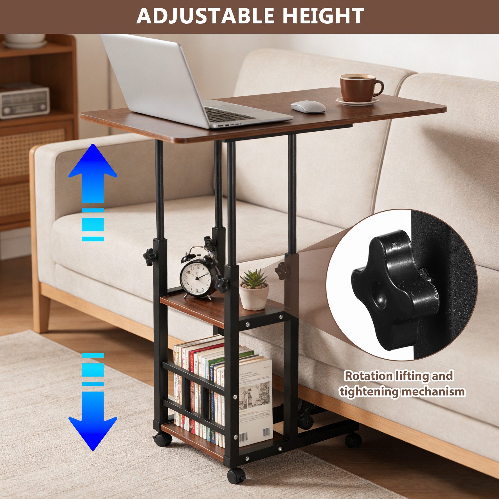 BlingBin Beistelltisch 3-stufiger Beistelltisch mit 4 Rädern, Höhenverstellbarer Kaffeetisch (1er Set, 1-St., Produktabmessungen: 80*40*65-91cm), 360 ° Drehbarer C-förmiger Teetisch für Wohnzimmer Arbeitszimmer