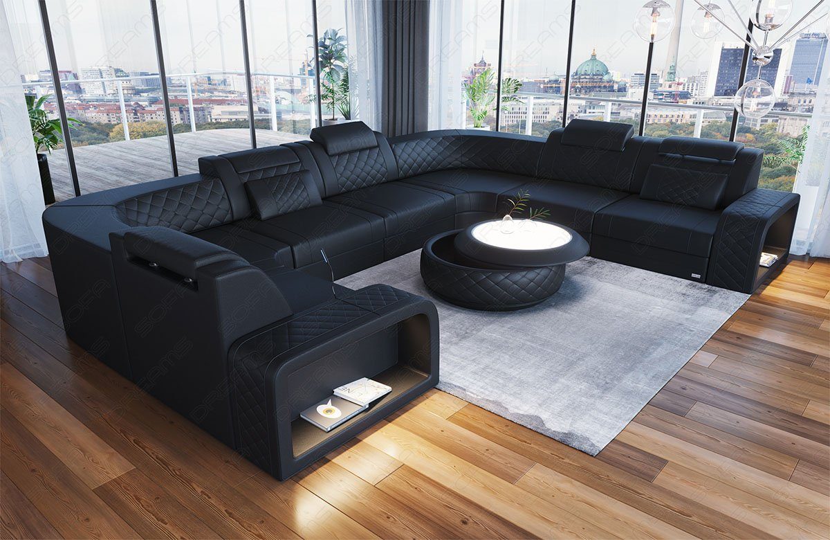 Sofa Dreams Wohnlandschaft Ledersofa Couch Foggia U Form Leder Sofa, mit LED, verstellbare Kopstützen, Designersofa