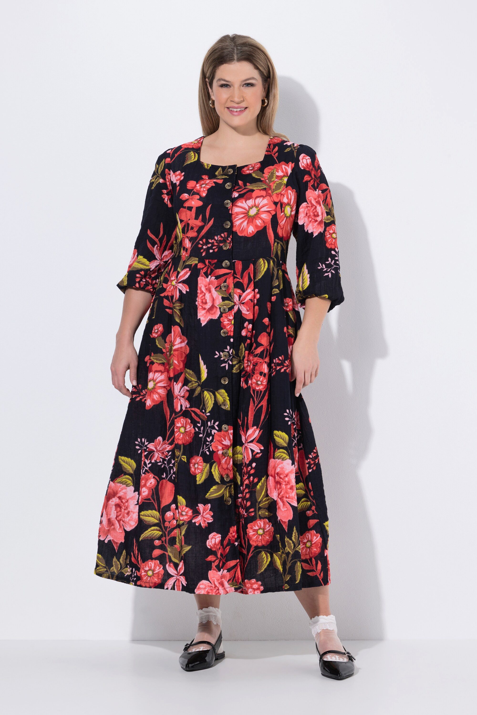 Ulla Popken Dirndl Musselin-Kleid floraler Druck Rundhals 3/4-Arm