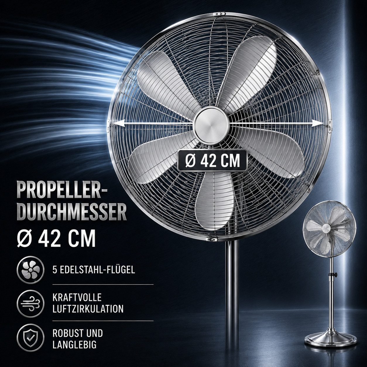 Ertex Standventilator EDELSTAHL Stand Ventilator 50W Metro 120cm Höhe Turmventilator Kühler – Bild 4 von 5