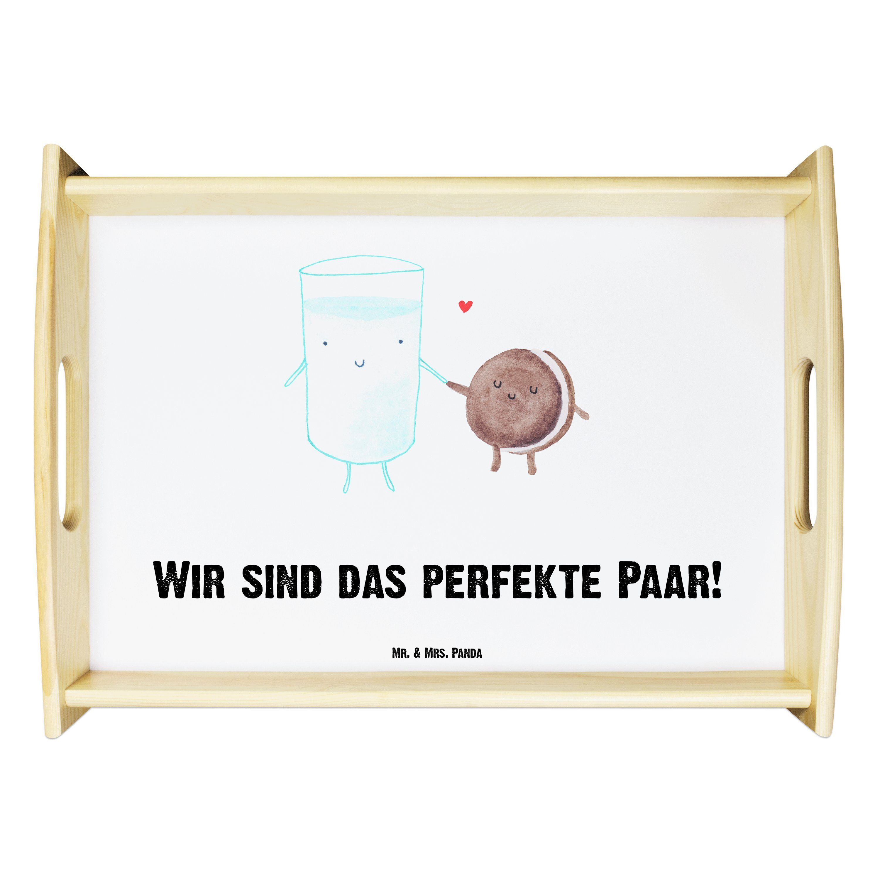 Mr. & Dekotablet, perfektes Paar, (1-tlg) süß, Mrs. Echtholz & Keks - Weiß Tablett lasiert, Motiv Panda Milch Geschenk, 