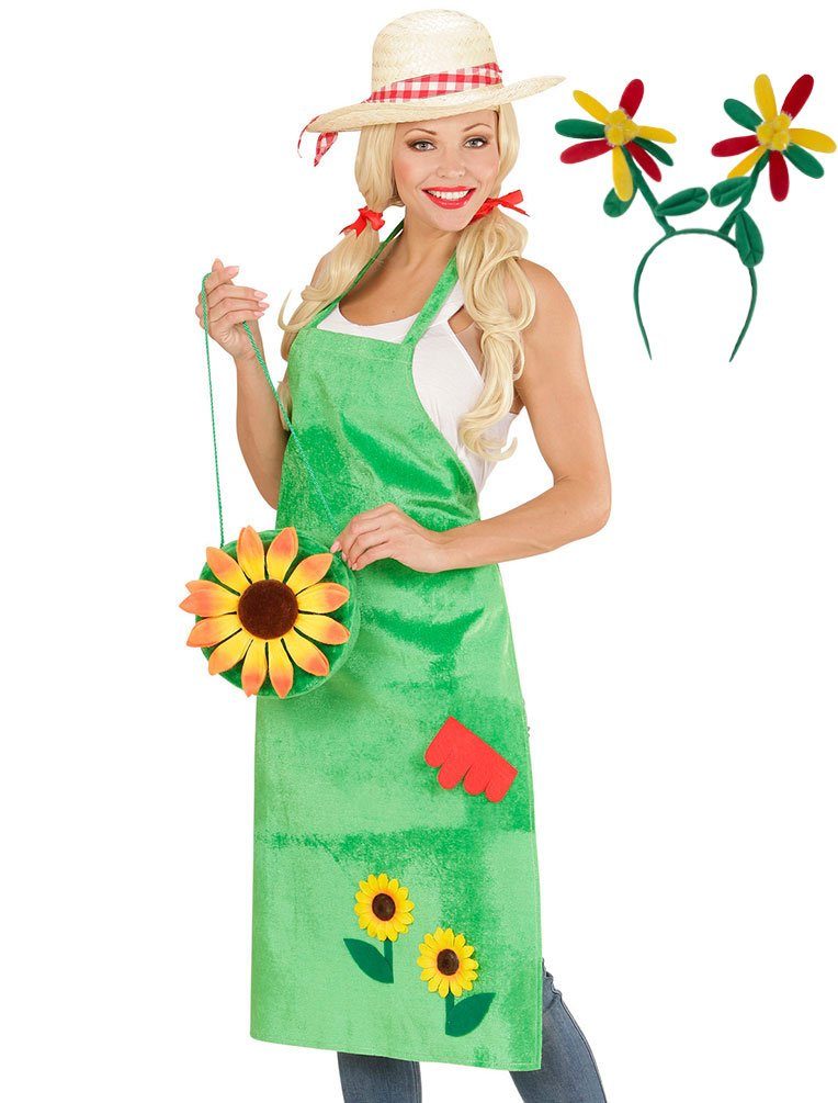 Karneval-Klamotten Kostüm Gärtnerschürze grün MIT Haarreif Blumen,  Gärtnerin Damen Kostüm Gartenschürze in Grasoptik mit Sonnenblumen-Motiv  Gärtner MIT Haarreif Blumen