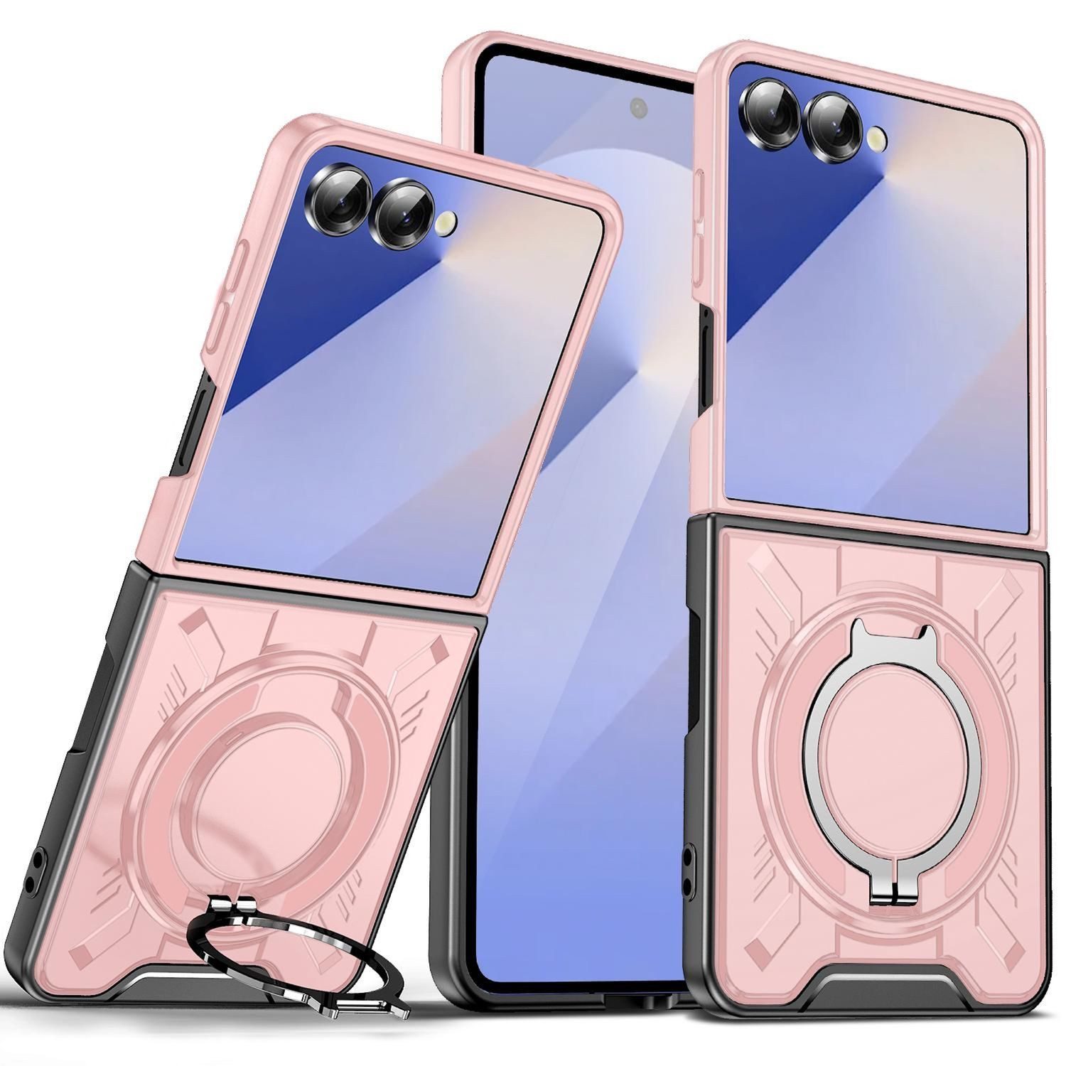 Wigento Handyhülle Für Samsung Galaxy Z Flip7 5G MagSafe 360 Grad Ringhalter Hülle Rosa, MagSafe Hülle mit integriertem Ringhalter und Schutzkante