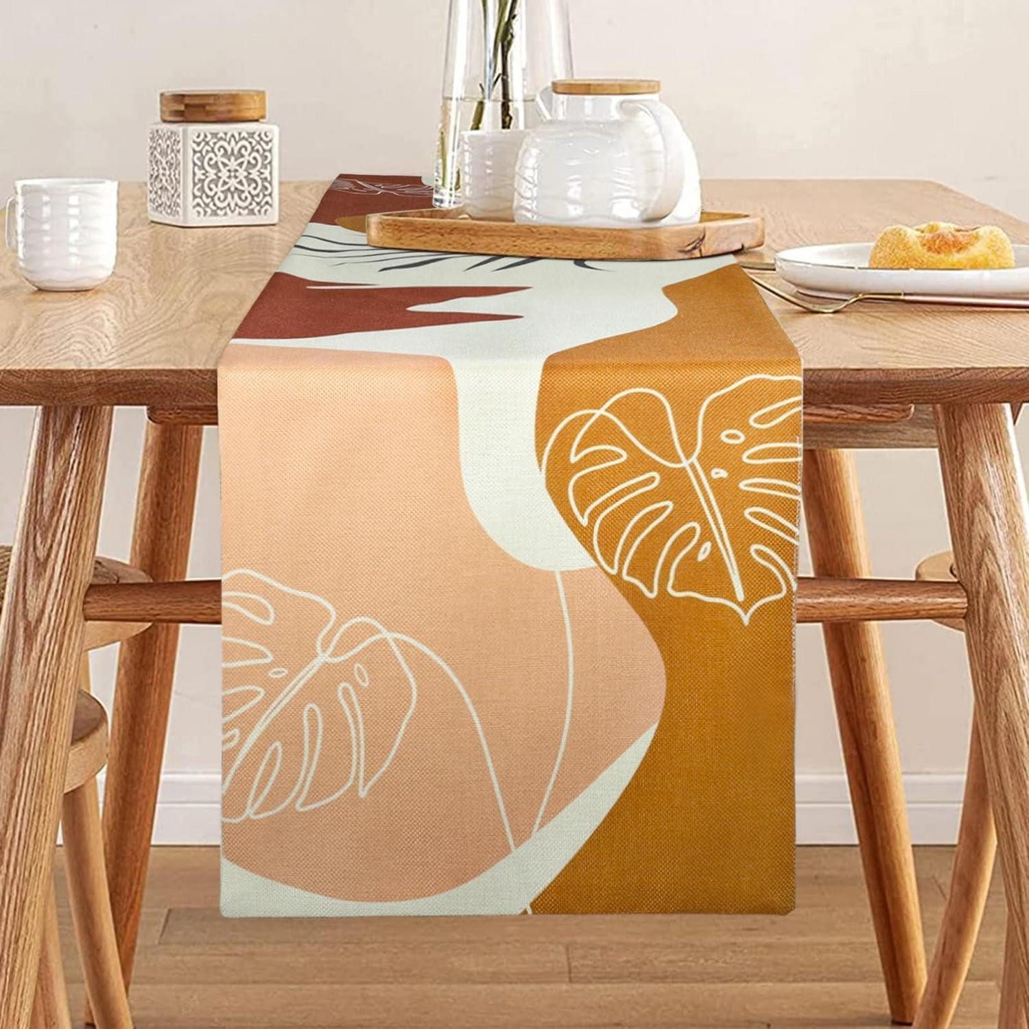 LuxusKollektion Tischläufer Tischläufer Abstrakt Boho Blatt 33x183cm Gelb Braun