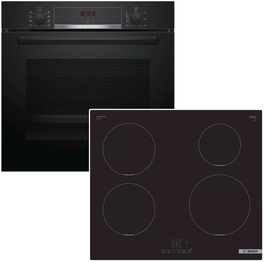 BOSCH Backofen-Set Schnellaufheizung 71 Liter Edelstahl EcoClean + Induktionskochfeld, mit Nachrüstbar