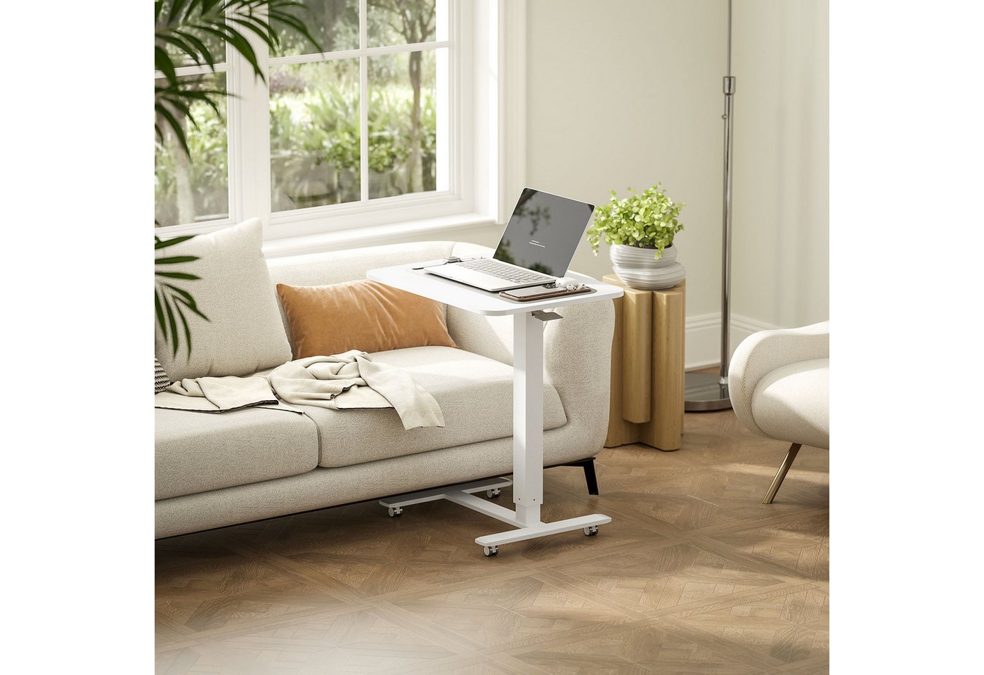 HOMCOM Schreibtisch Steh-Sitz mit 4 Rollen, 65x48x73-110cm, Weiß (Stehpult, 1-St., Höhenverstellbar C-förmig Computertisch), für Büro, Arbeitszimmer, Wohnzimmer, bis 70 kg belastbar, Weiß
