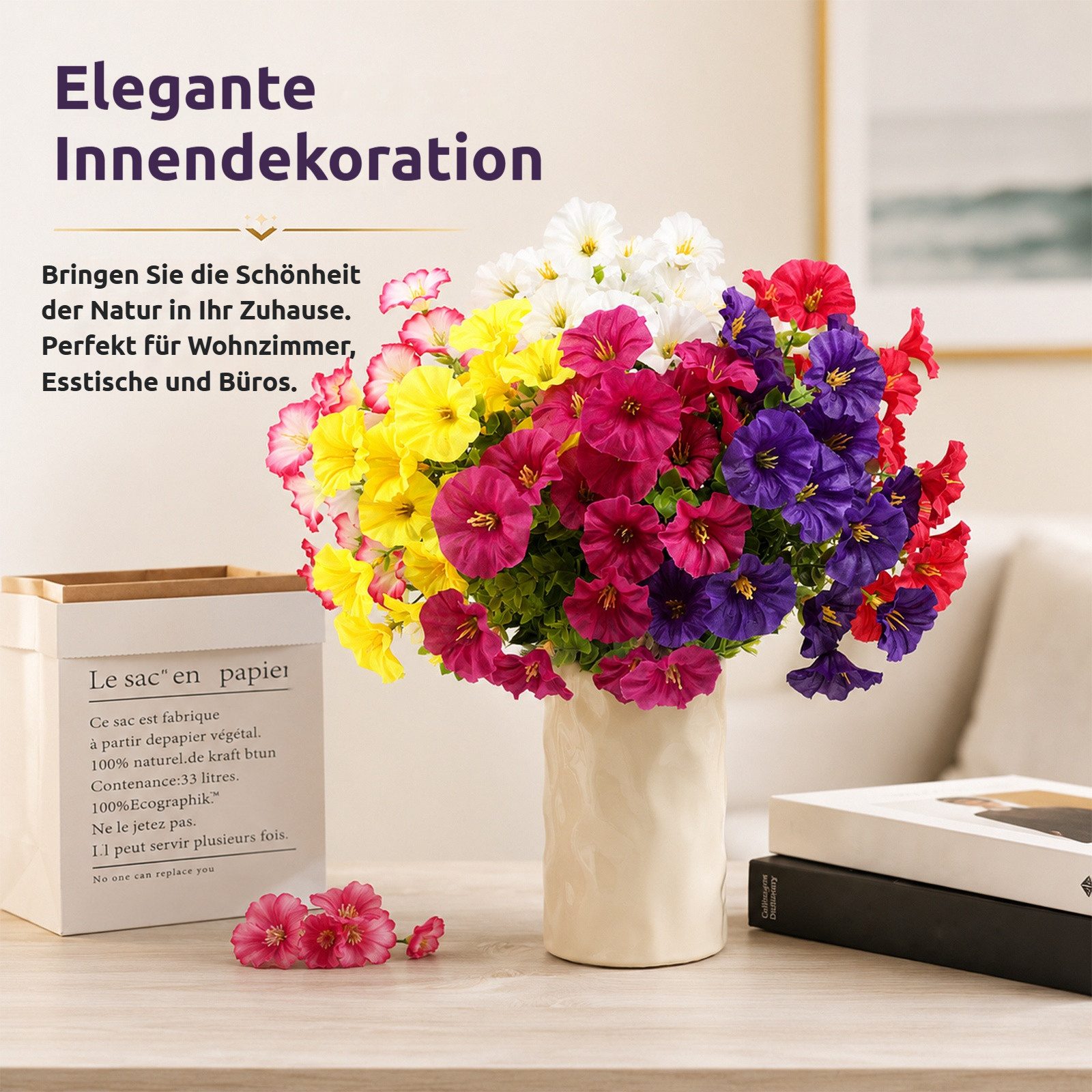 Kunstblumenstrauß 12 Bündel künstliche Blumen wie echt, UV‑beständig, pflegeleicht Prunkwinde / Stiefmütterchen, BlingBin, Höhe 35 cm, Kunstpflanzen für Außenbe – Bild 4 von 5