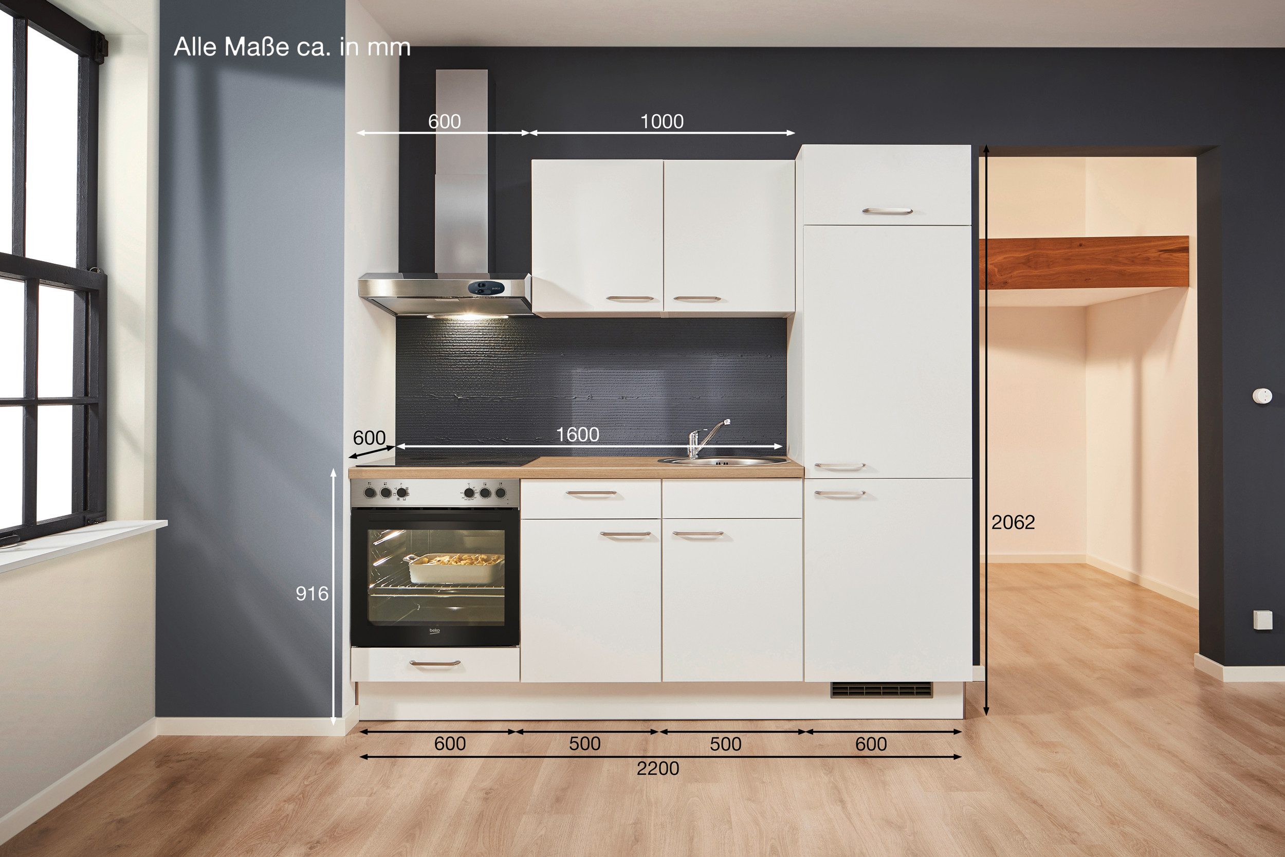 pino Küchenzeile Herlev, individuell anpassbar, gratis Küchenplanung mit Profis, (Breite 220cm), vormontiert, wahlw. mit E-Geräten, Preis inkl. Lieferung