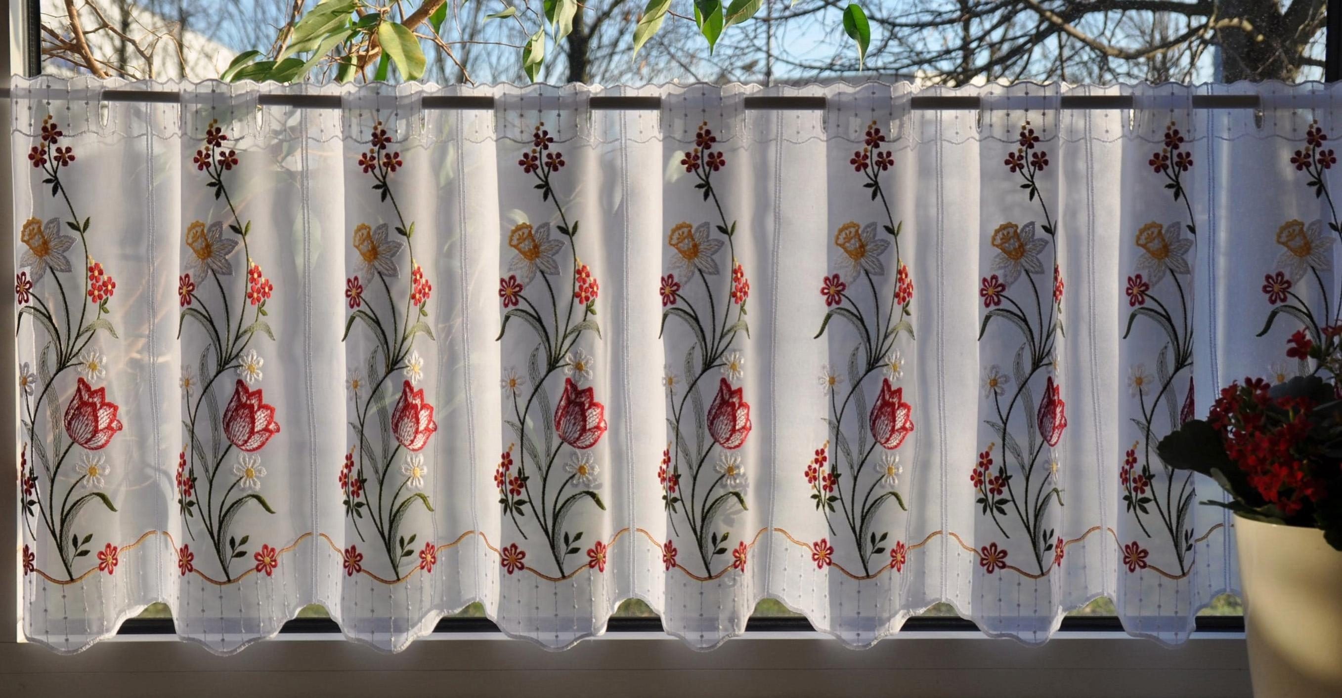 Voile, Spitze mit veredelt Plauen, Stickereien Stickerei (1 echter Scheibengardine Tulpe, Plauener transparent, St), Durchzuglöcher